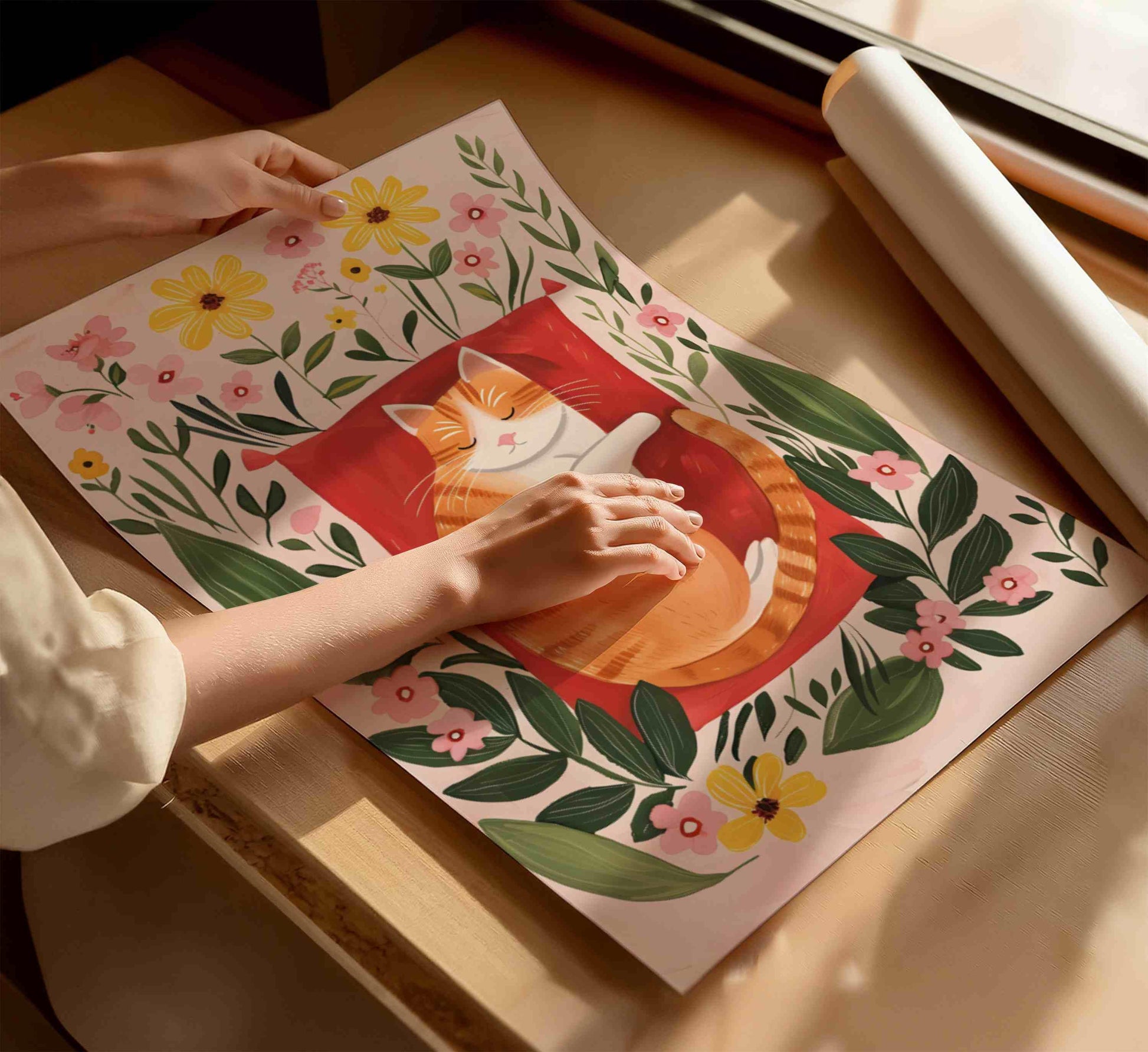 Affiche chat roux – "Le jardin rêveur du chat roux" – Illustration poétique