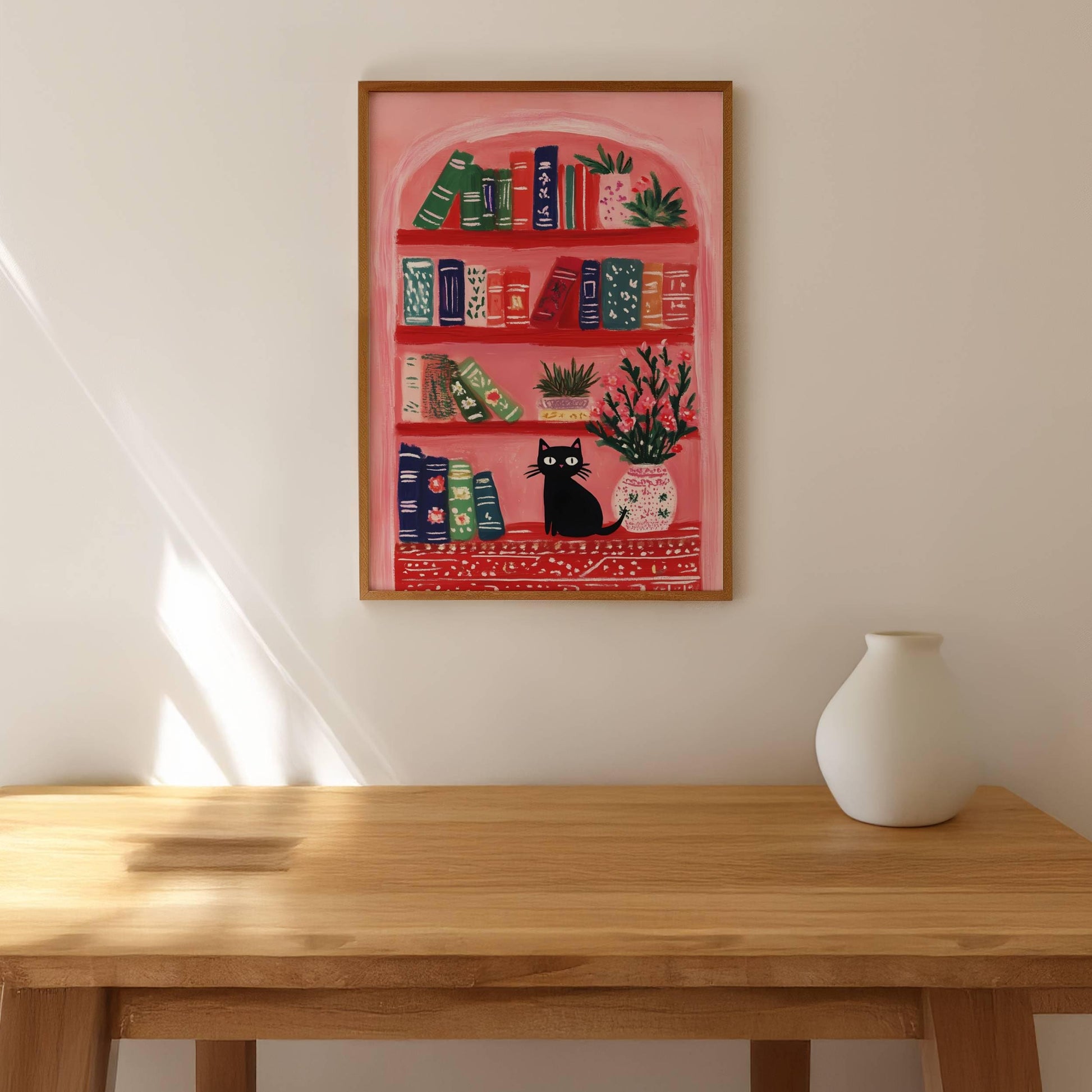Chat noir dans une bibliothèque fleurie – illustration cosy et poétique  |  illustration numériques chat et livres - Affiche déco murale