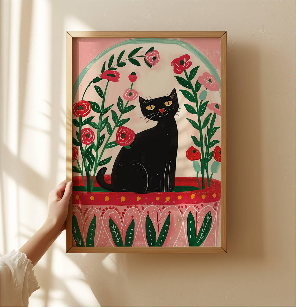 Illustration chat noir et coquelicots – illustration poétique florale – déco murale chambre ou salon - idée cadeau amoureux des chats
