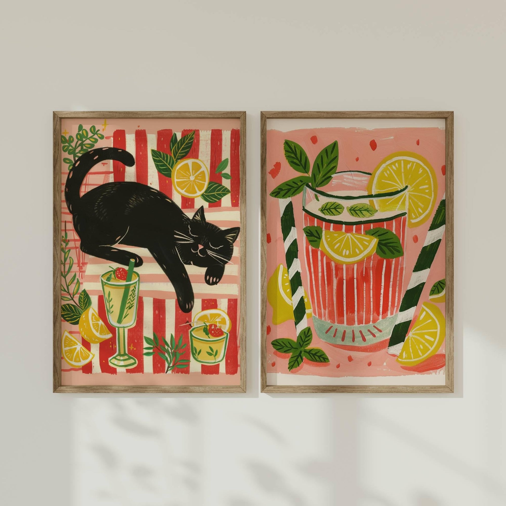 Lot de 2 affiches avec chat noir – "Le cocktail d'été du chat noir" - amoureux des chats