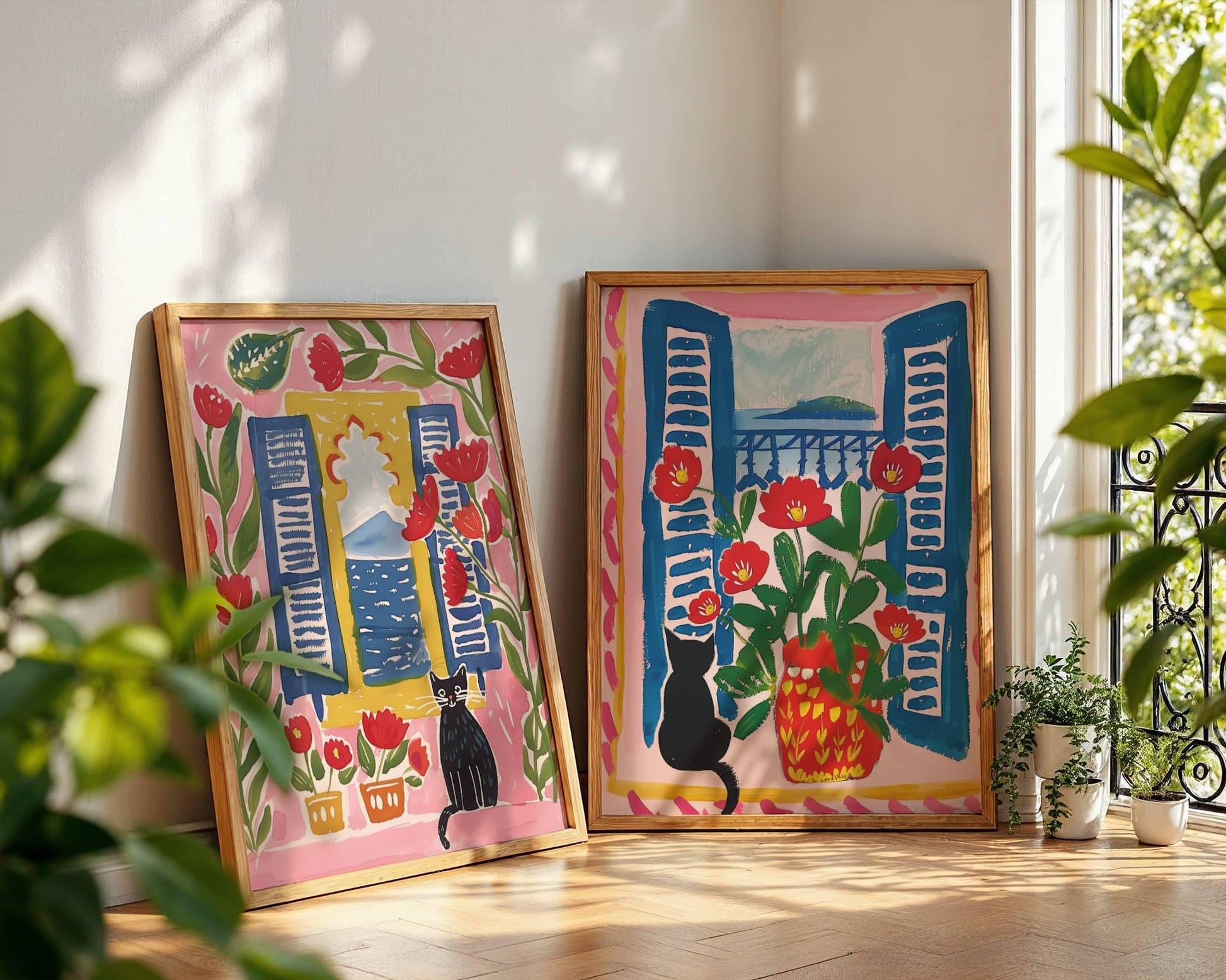 Lot 2 affiches chat noir – Chat noir à la fenêtre & vue sur la mer – illustration estivale et florale