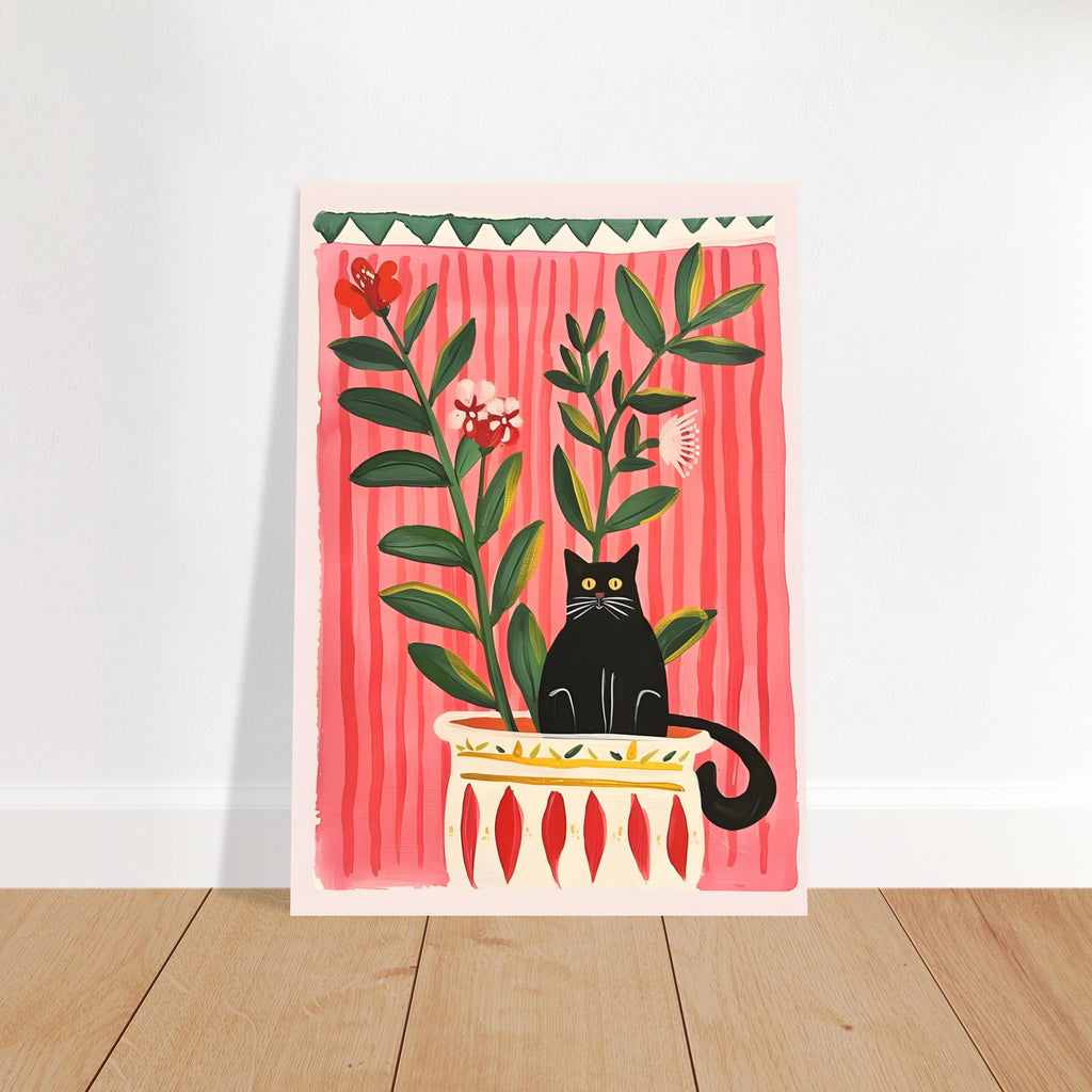 Affiche chat noir – Collection "Le jardin secret des chats"  – Illustration poétique printanière
