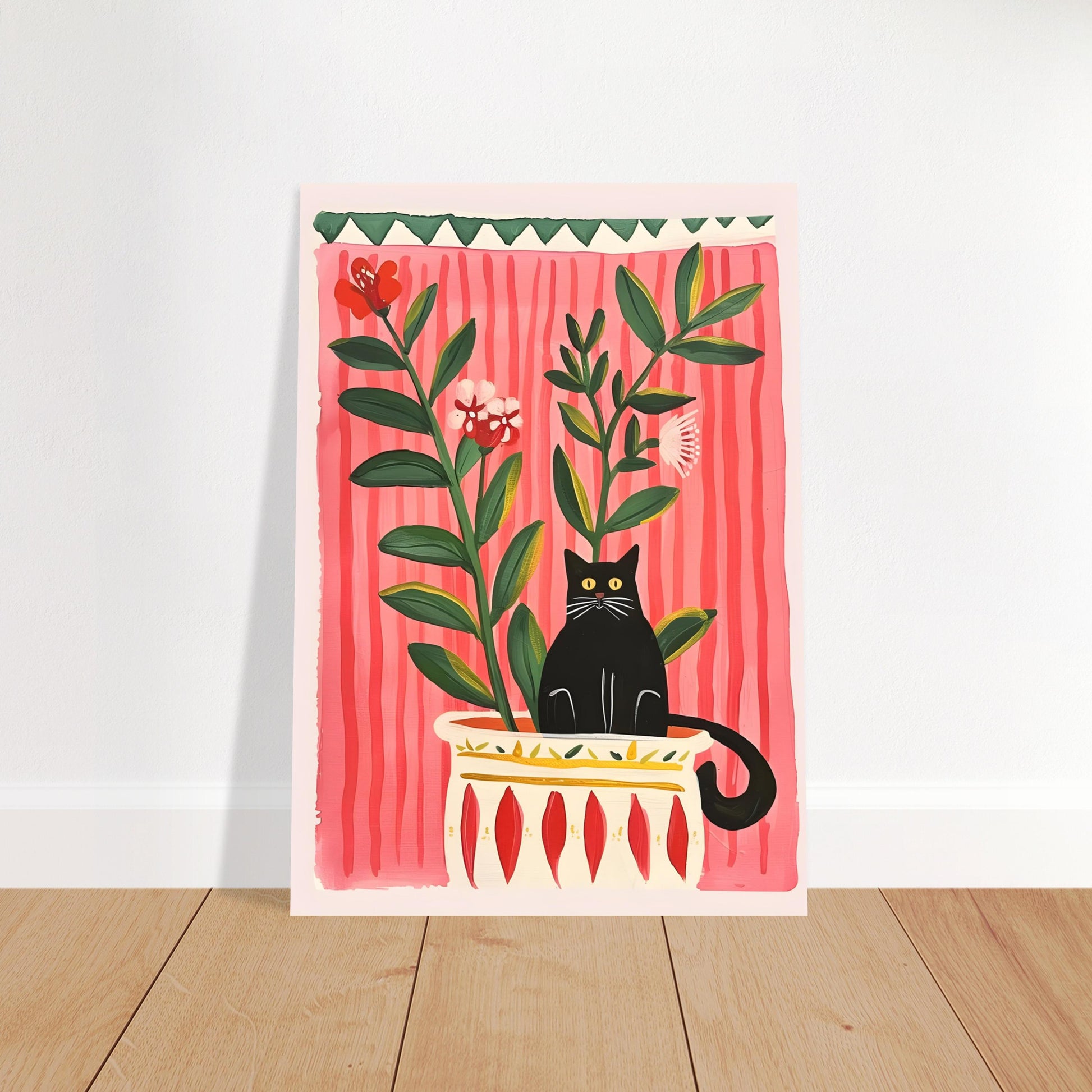Affiche chat noir – Collection "Le jardin secret des chats"  – Illustration poétique printanière