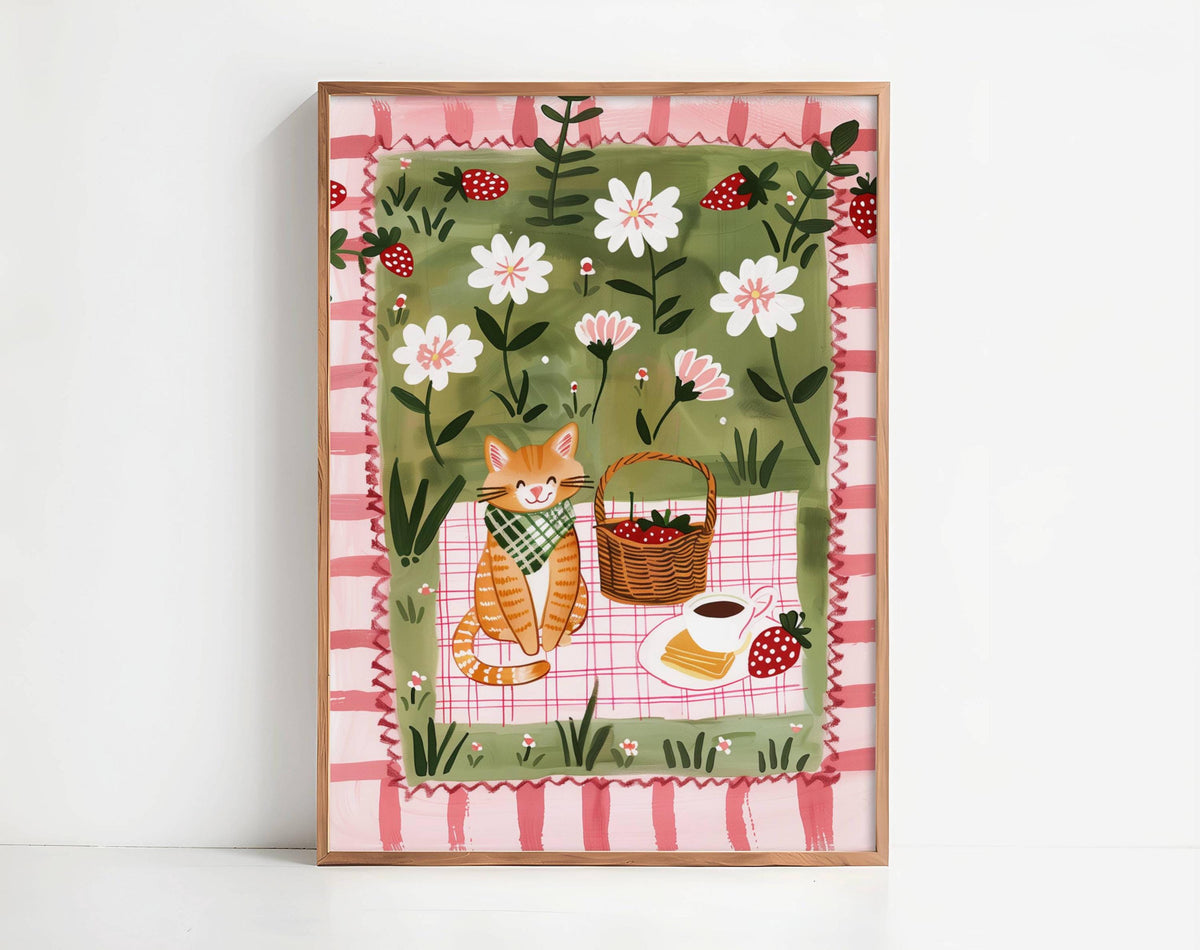 Affiche chat roux – Illustration pique-nique au jardin – déco murale cuisine ou chambre – art mural poétique printanier - Papier premium