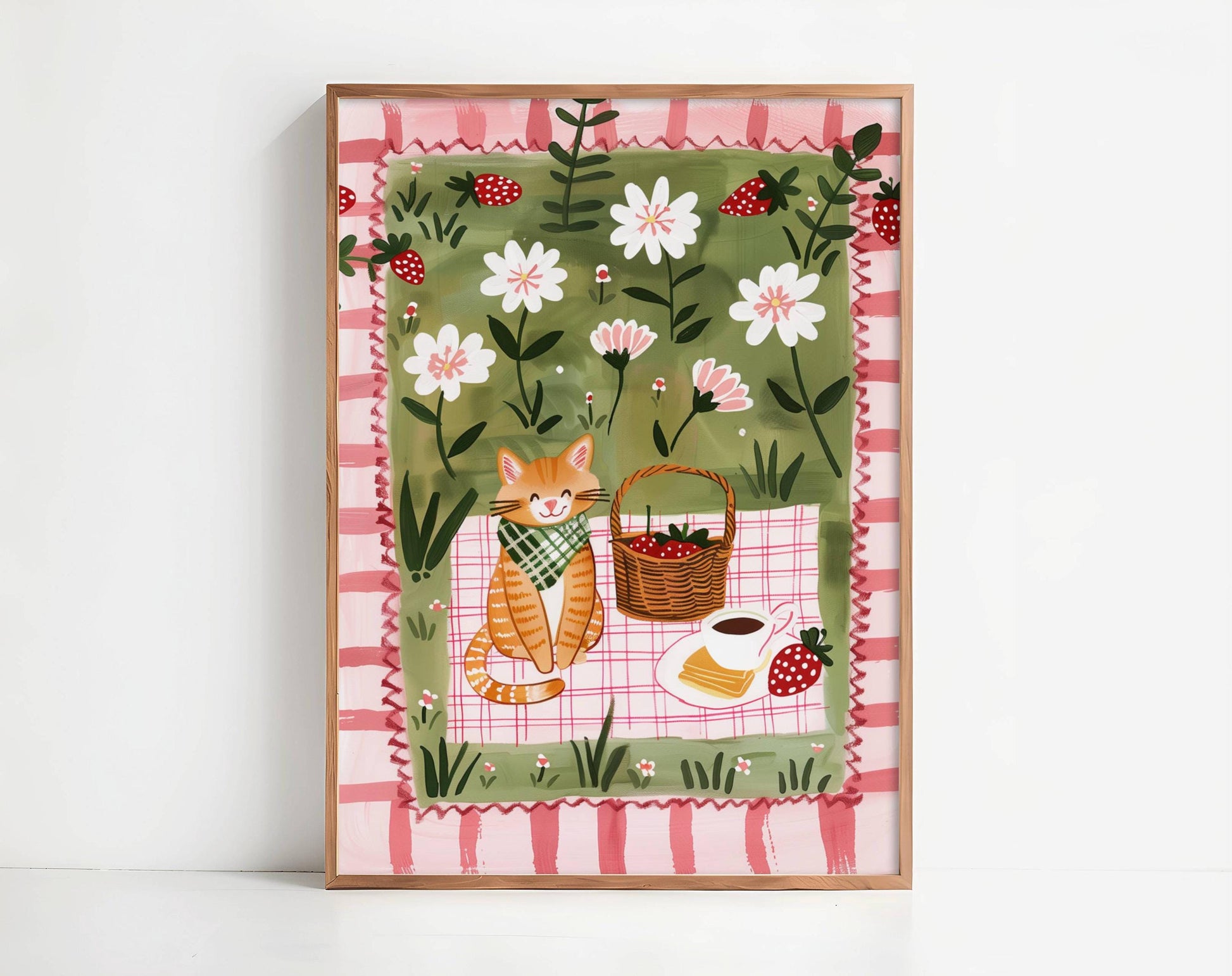 Affiche chat roux – Illustration pique-nique au jardin – déco murale cuisine ou chambre – art mural poétique printanier - Papier premium