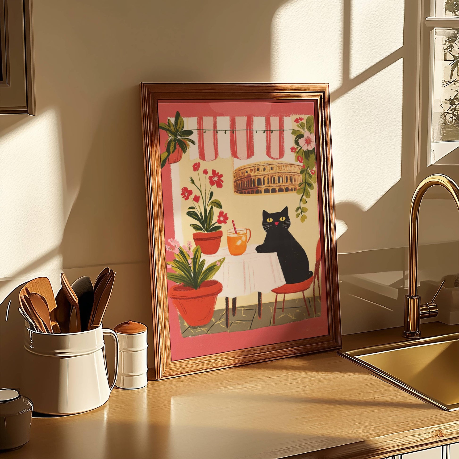 Affiche chat noir à Rome – Collection "Les voyages du chat noir"  – déco murale ville et voyage
