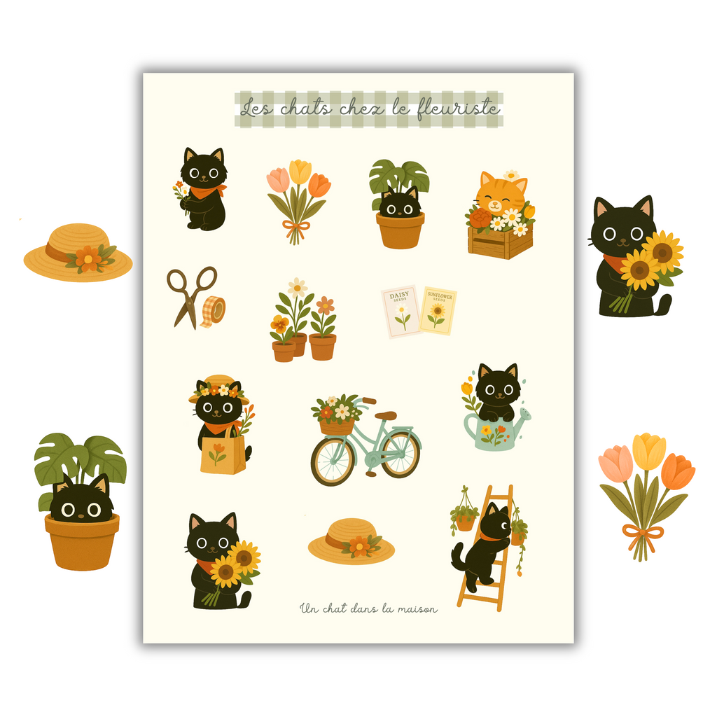 Planche stickers alphabet patchwork A5 - collection "Été tendre" - Chats chez le fleuriste, fleurs & plantes