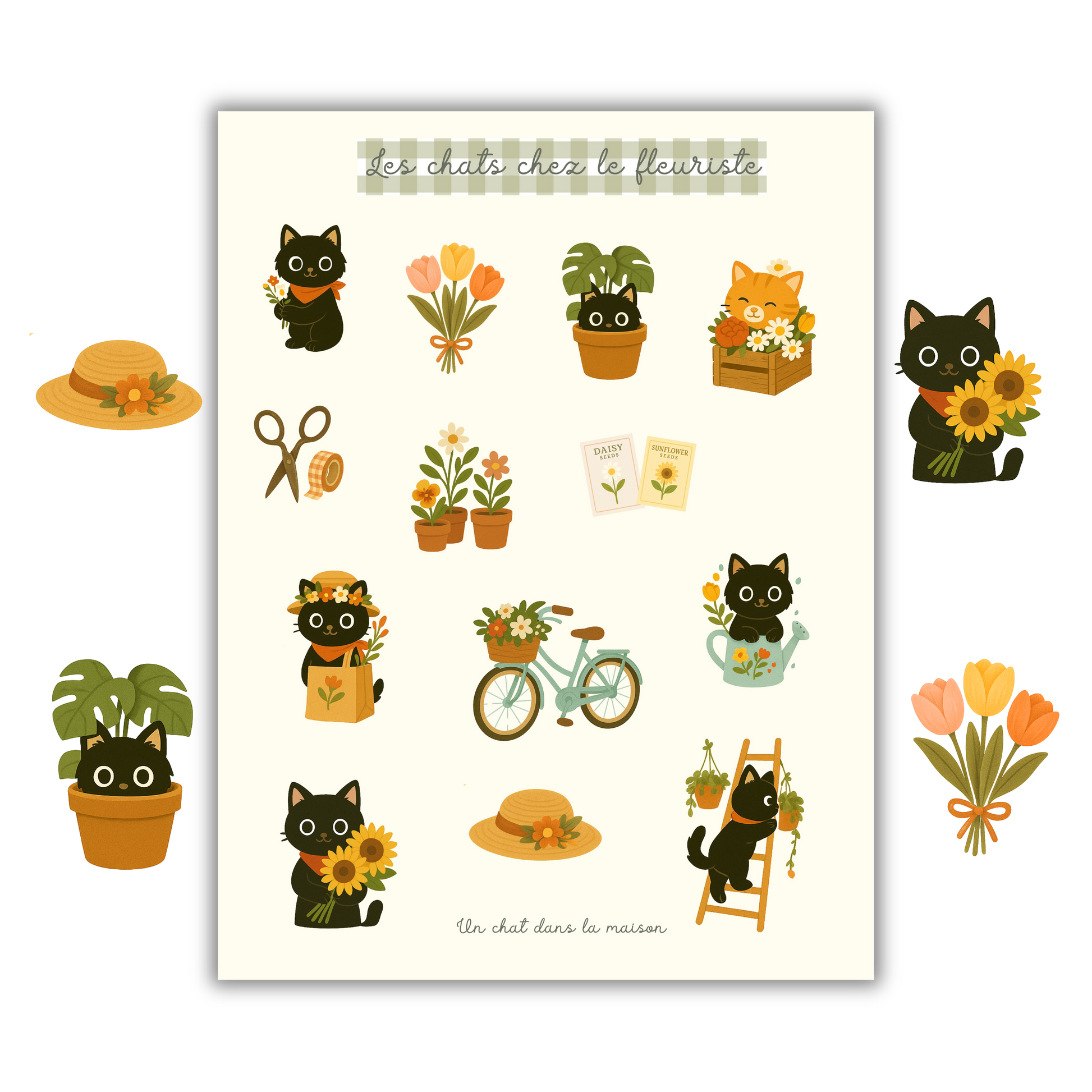Planche stickers alphabet patchwork A5 - collection "Été tendre" - Chats chez le fleuriste, fleurs & plantes