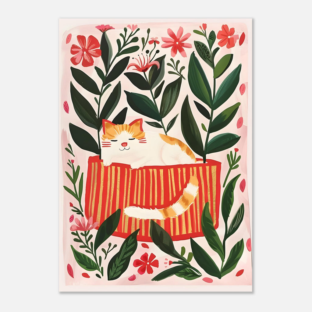 Affiche chat roux parmi les fleurs – illustration le chat roux dans le jardin – art mural  poétique – déco murale chambre ou salon