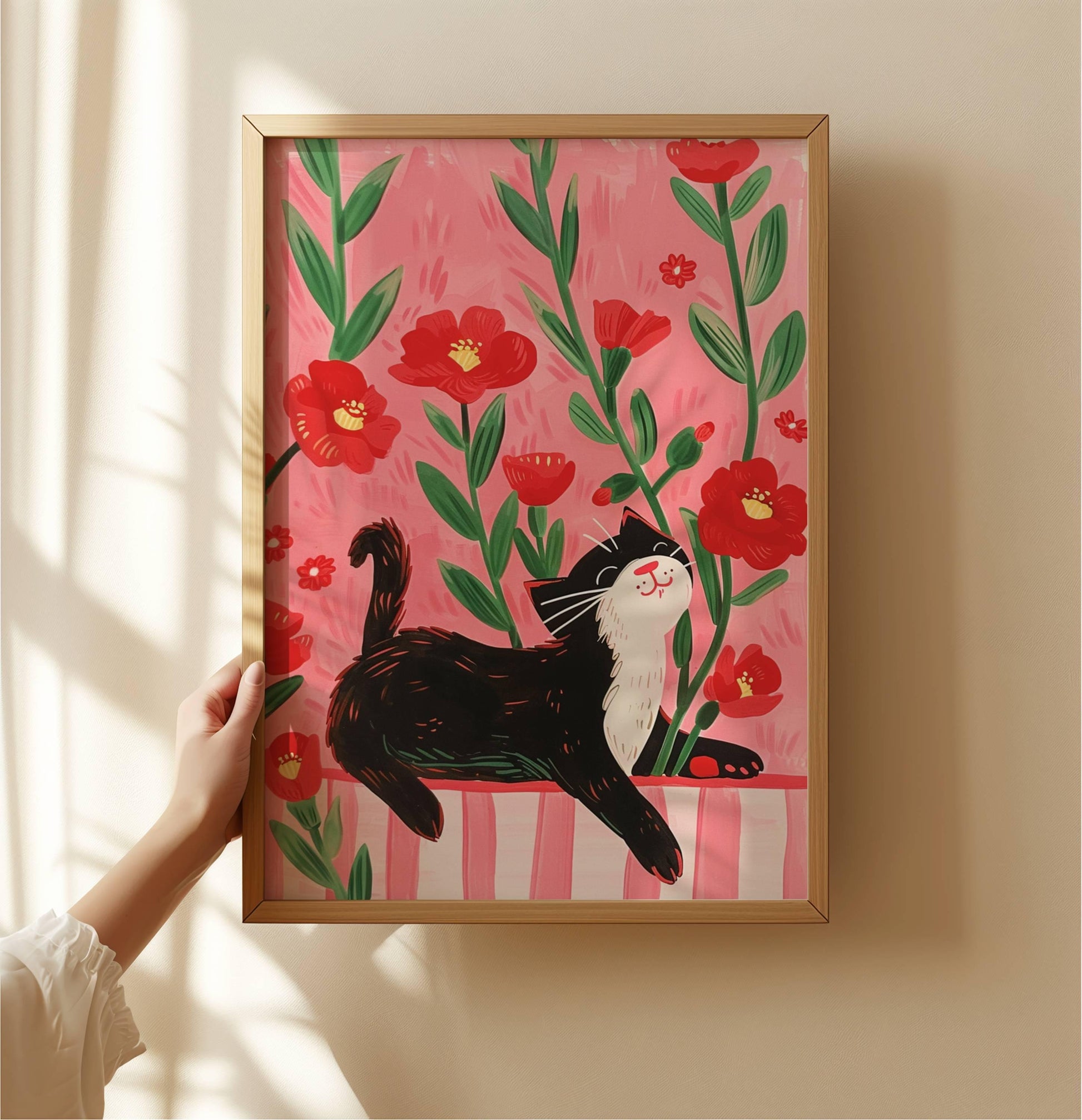 Affiche chat noir – illustration chat noir dans champ de coquelicots – art mural poétique – déco murale chambre ou salon - Papier premium