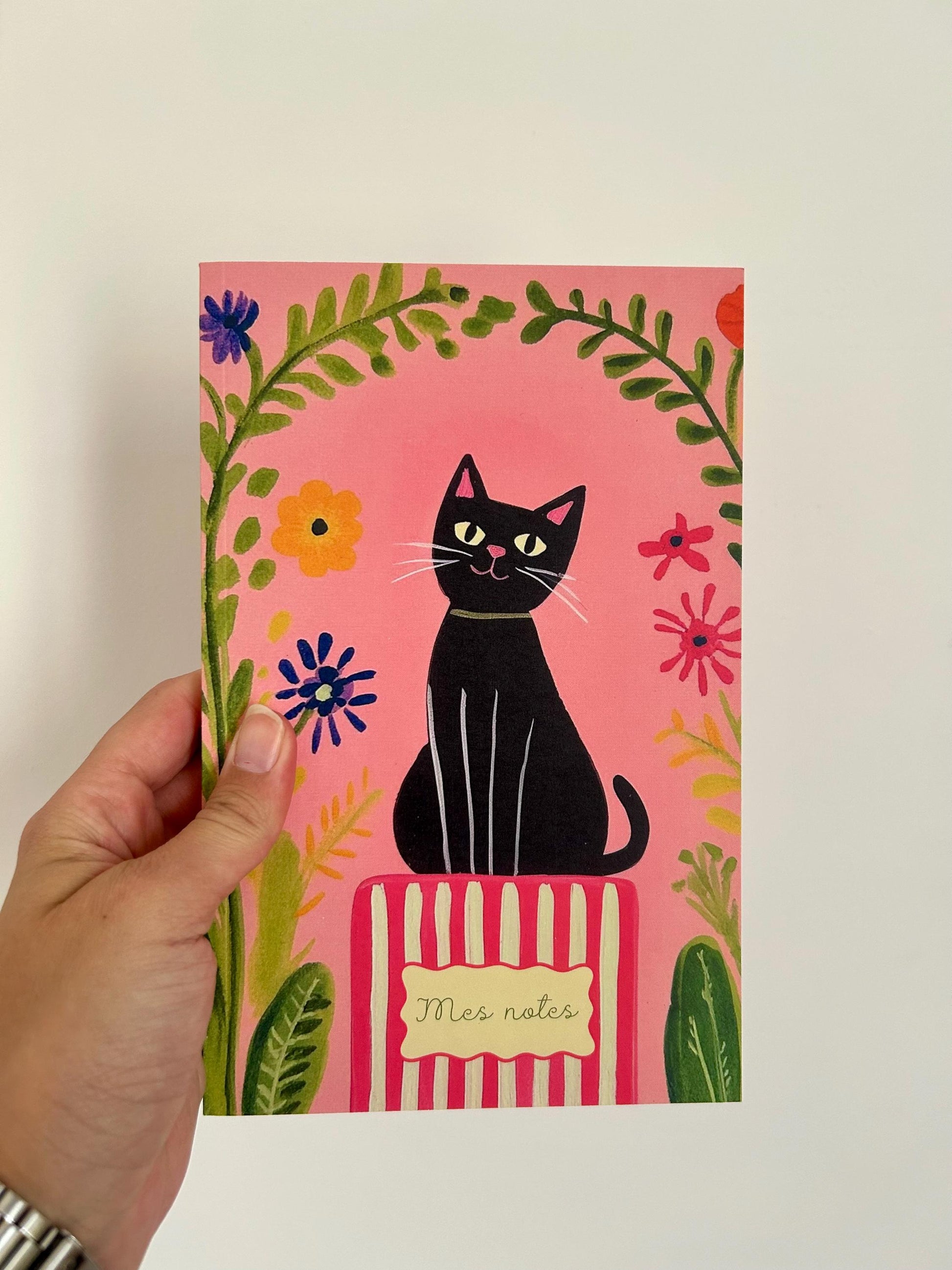 Carnet de notes chat noir et fleurs – carnet de notes 80 pages lignées –  carnet d'écriture, carnet poétique