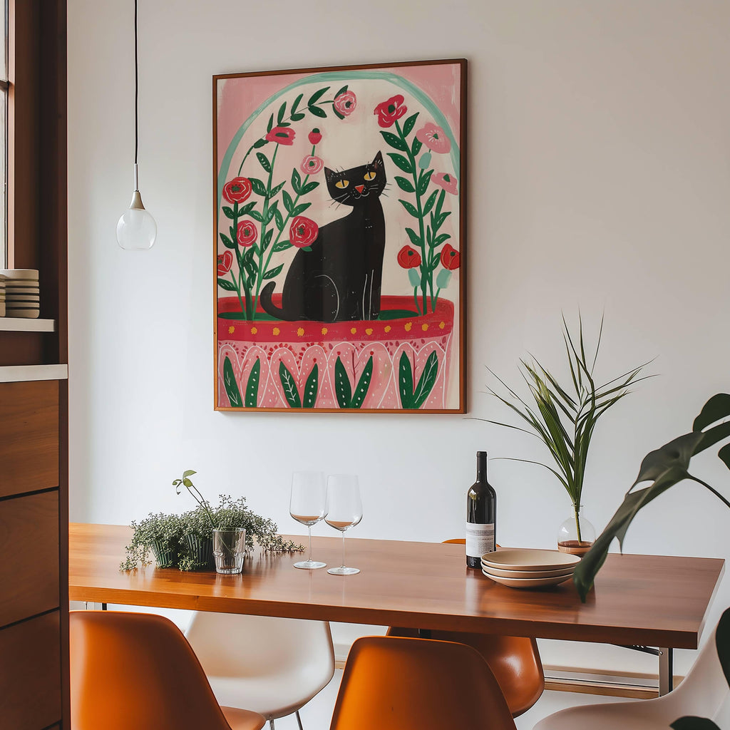 Illustration chat noir et coquelicots – illustration poétique florale – déco murale chambre ou salon - idée cadeau amoureux des chats