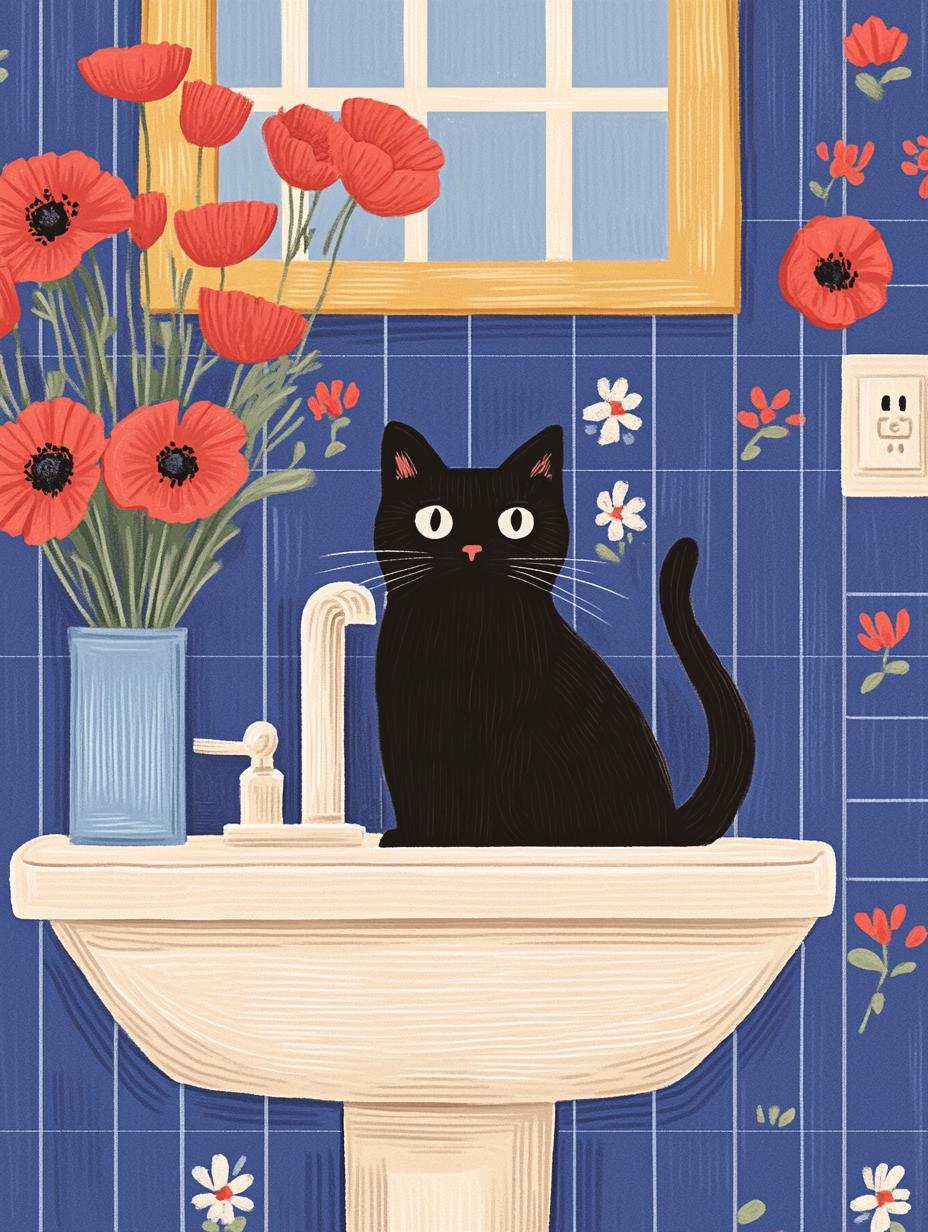 Illustration chat noir bain vintage – affiche poétique salle de bain – art mural humoristique – idée cadeau amoureux des chats