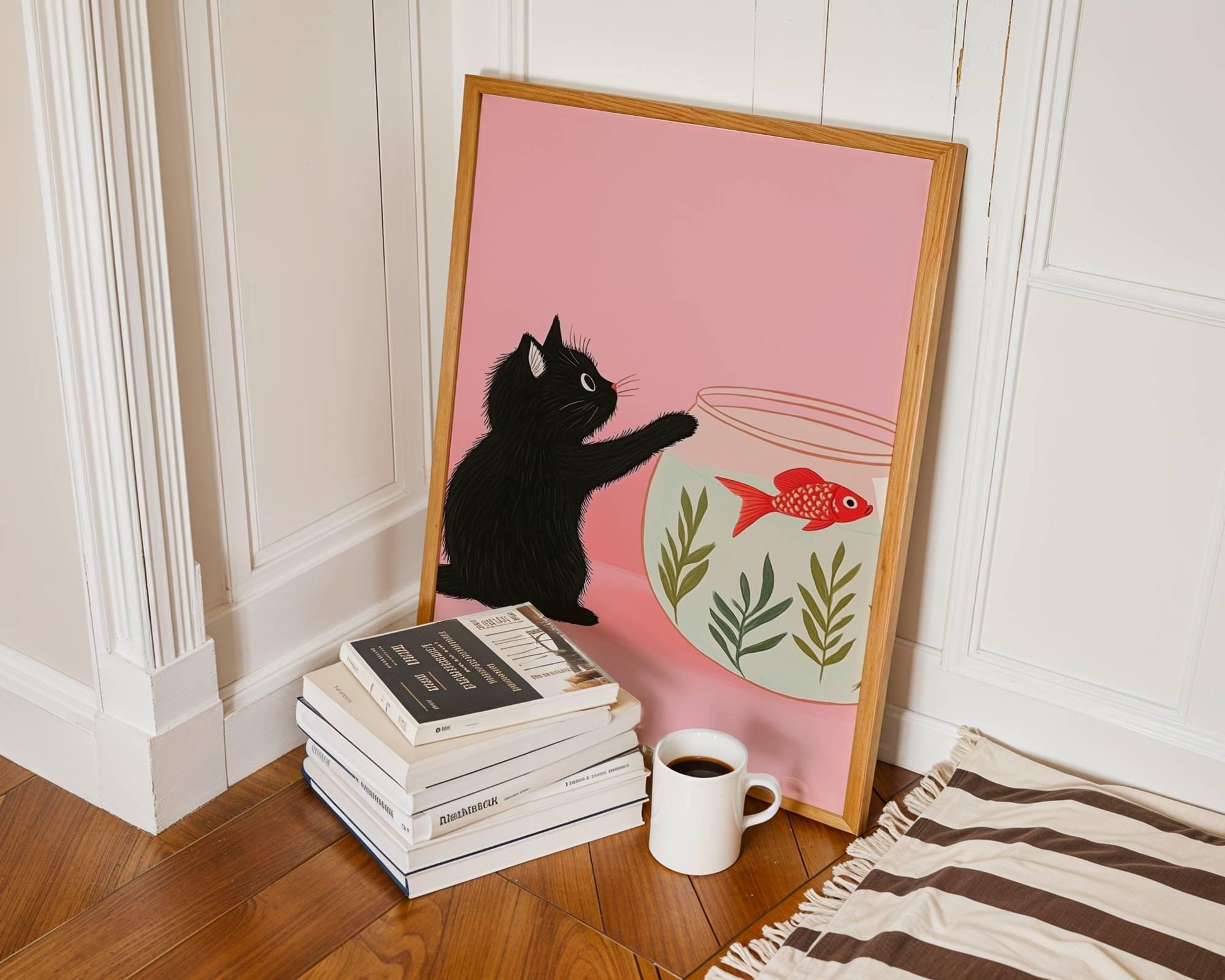 affiche chat noir et poisson rouge – illustration chat noir rose minimaliste, déco murale mignonne, art félin, idée  cadeau - papier premium