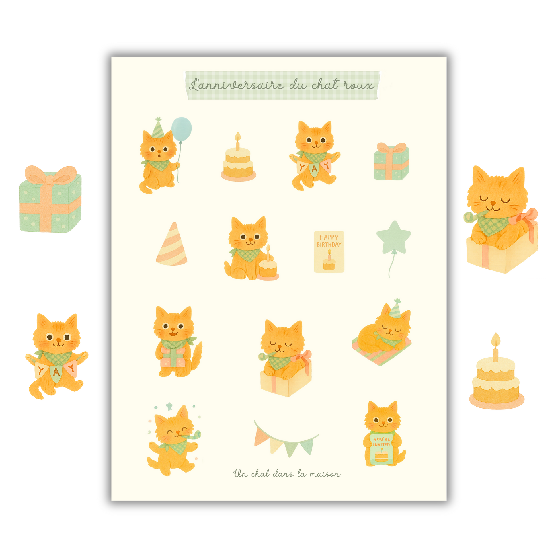 Planche stickers alphabet patchwork A5 - collection "Été tendre" - Anniversaire du chat roux, gâteau & cadeaux