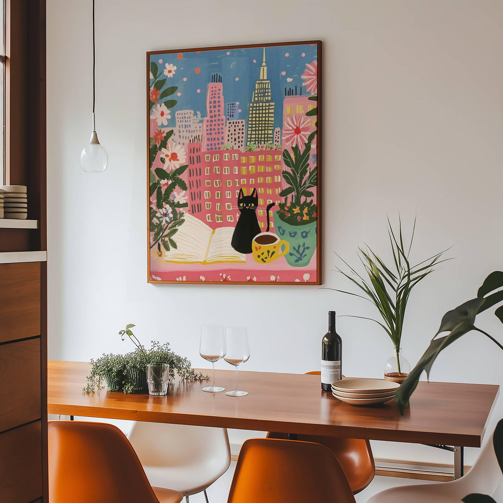 Affiche chat noir à New York – illustration chat noir cosy dans intérieur urbain – art mural vintage poétique – déco murale chambre ou salon