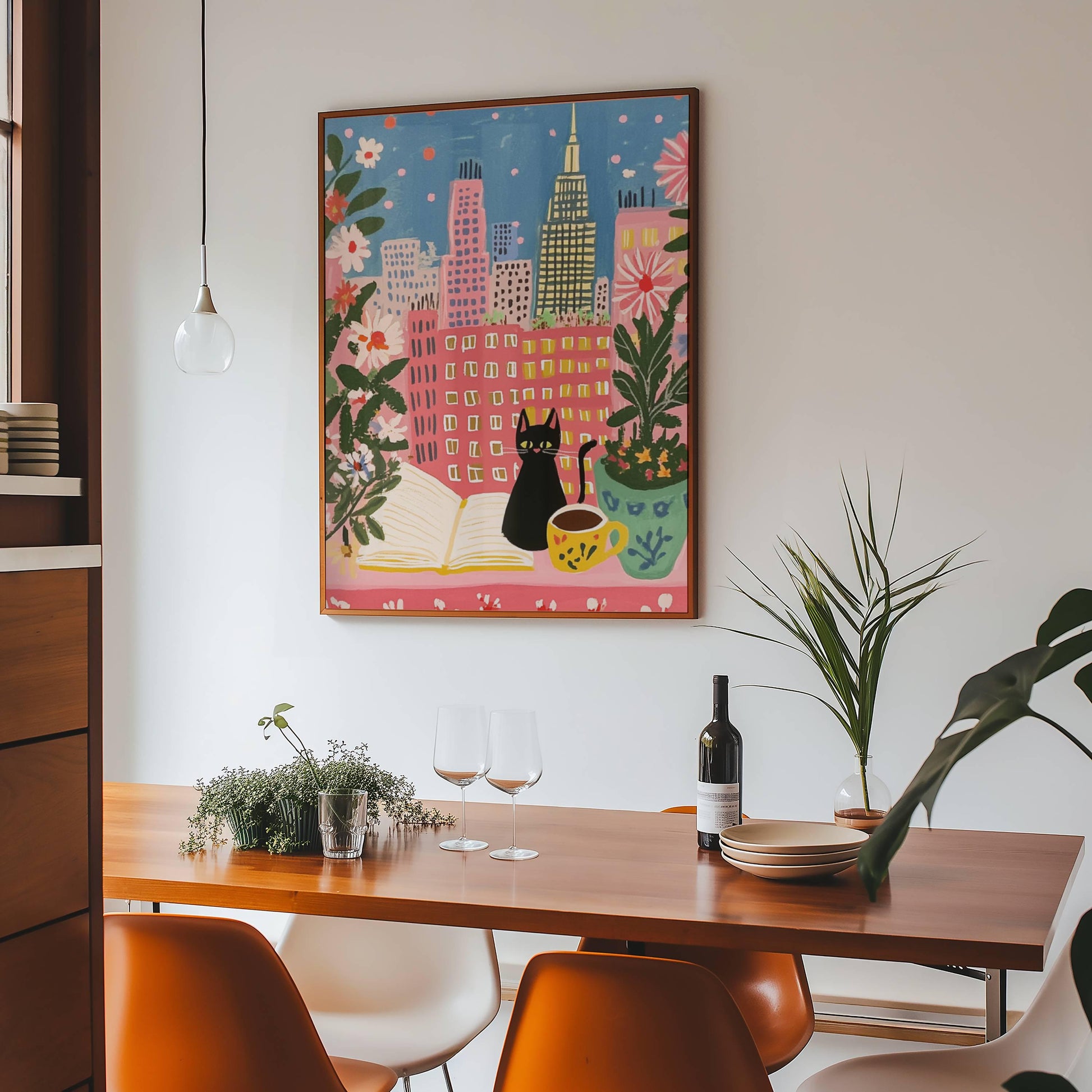 Affiche chat noir à New York – illustration chat noir cosy dans intérieur urbain – art mural vintage poétique – déco murale chambre ou salon