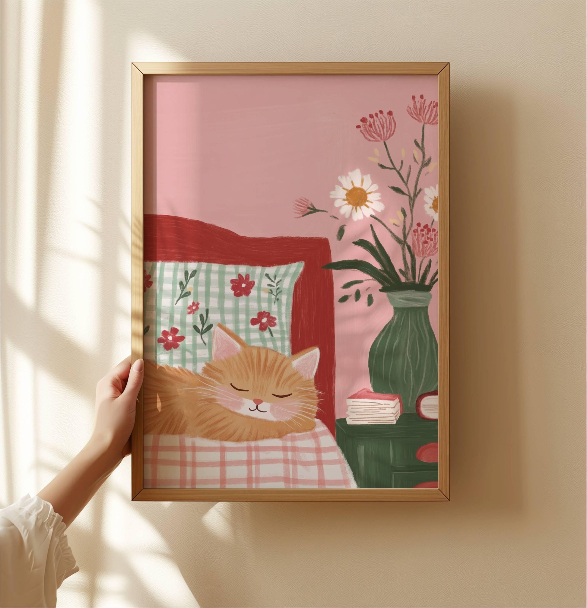 Affiche chat roux chambre fleurie – Art mural cosy cottagecore – Poster déco chambre salon, cadeau amoureux chats - idée cadeau noel