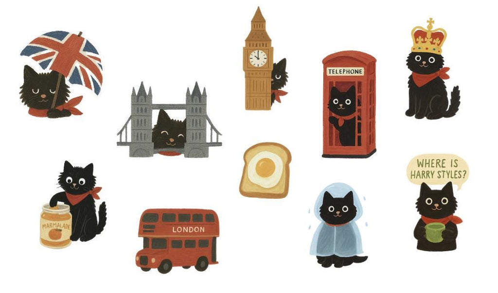 Stickers journaling  "Le chat noir à Londres" - stickers Chat Noir & Londres – Pack de 10 Stickers vinyle
