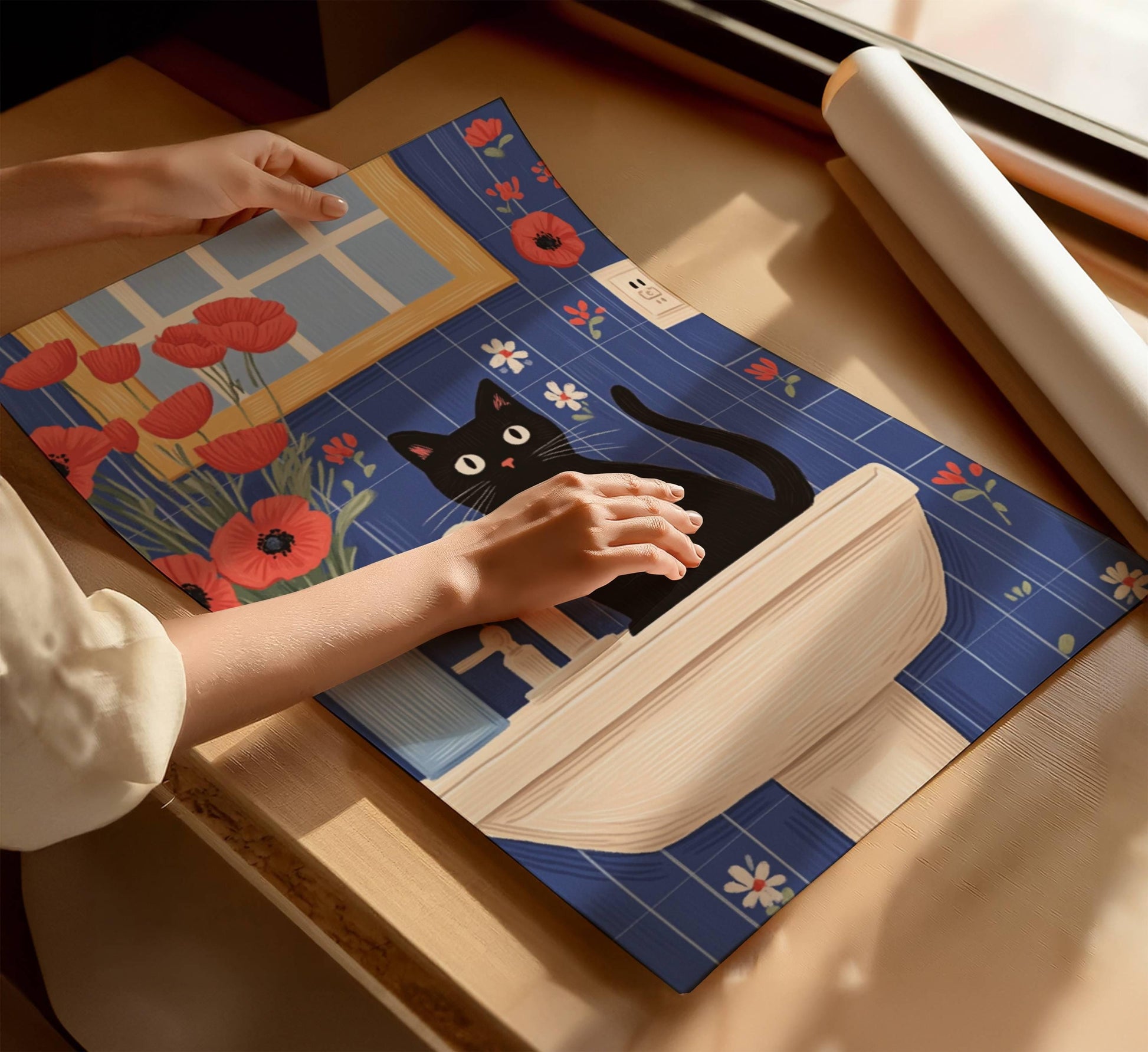 Illustration chat noir bain vintage – affiche poétique salle de bain – art mural humoristique – idée cadeau amoureux des chats