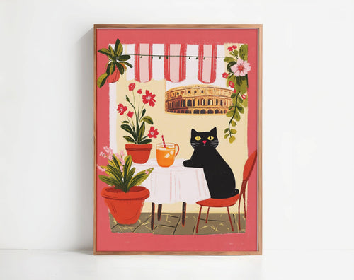 Affiche chat noir à Rome – Collection "Les voyages du chat noir"  – déco murale ville et voyage