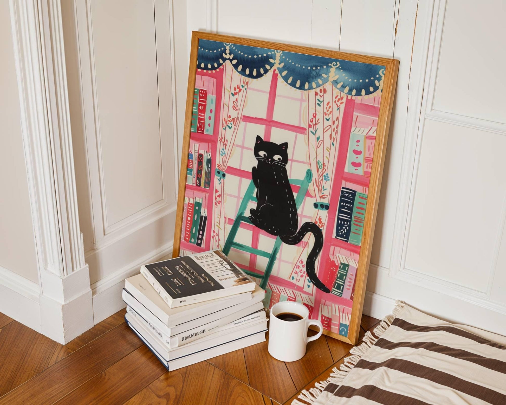 Affiche chat noir dans la bibliothèque – illustration colorée et cosy – déco murale féline et littéraire - idée cadeau fête des mères