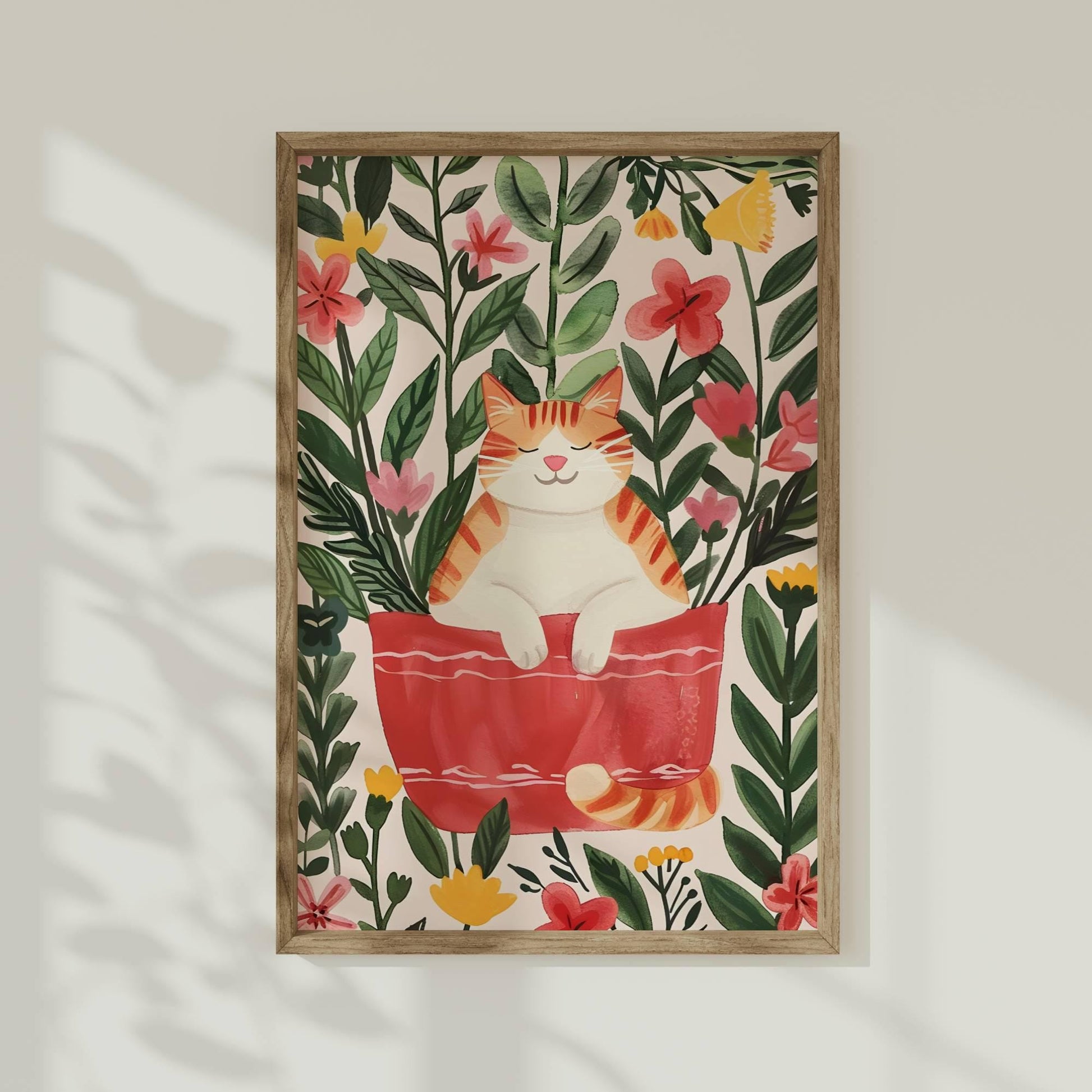 Lot 2 affiches chat roux et fleurs – duo d’illustrations poétiques vintage – art mural floral cosy – déco murale chambre ou salon