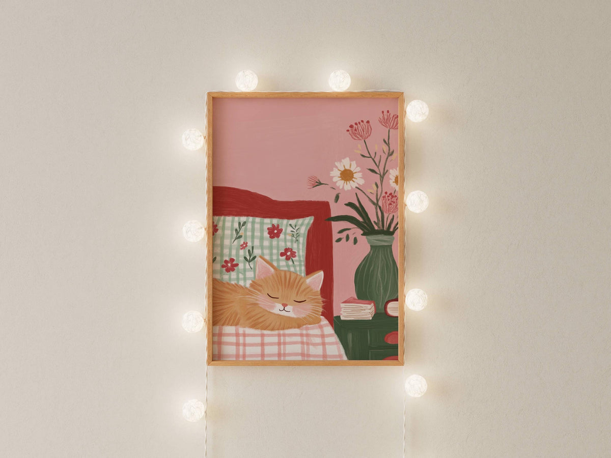 Affiche chat roux chambre fleurie – Art mural cosy cottagecore – Poster déco chambre salon, cadeau amoureux chats - idée cadeau noel