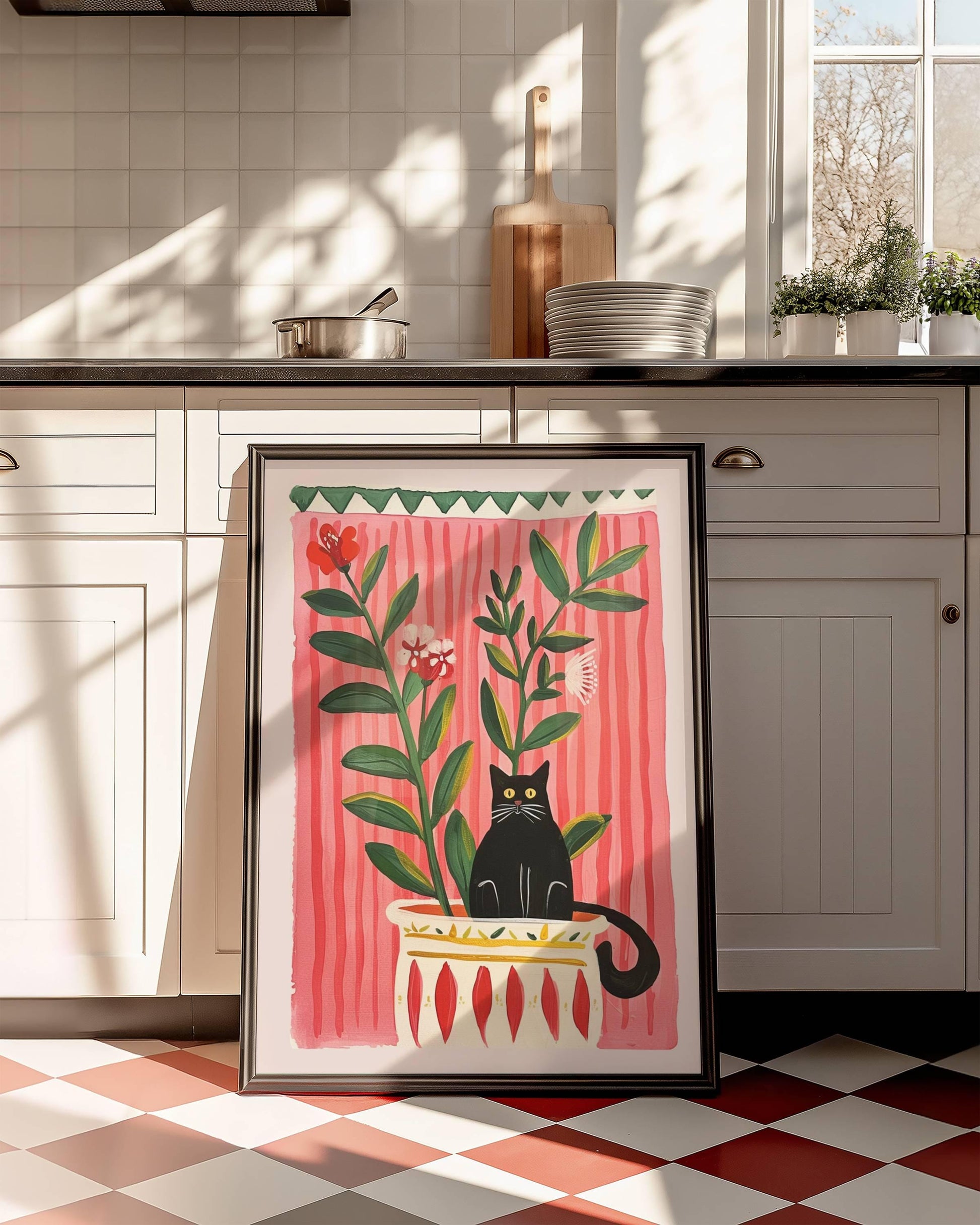 Affiche chat noir – Collection "Le jardin secret des chats"  – Illustration poétique printanière