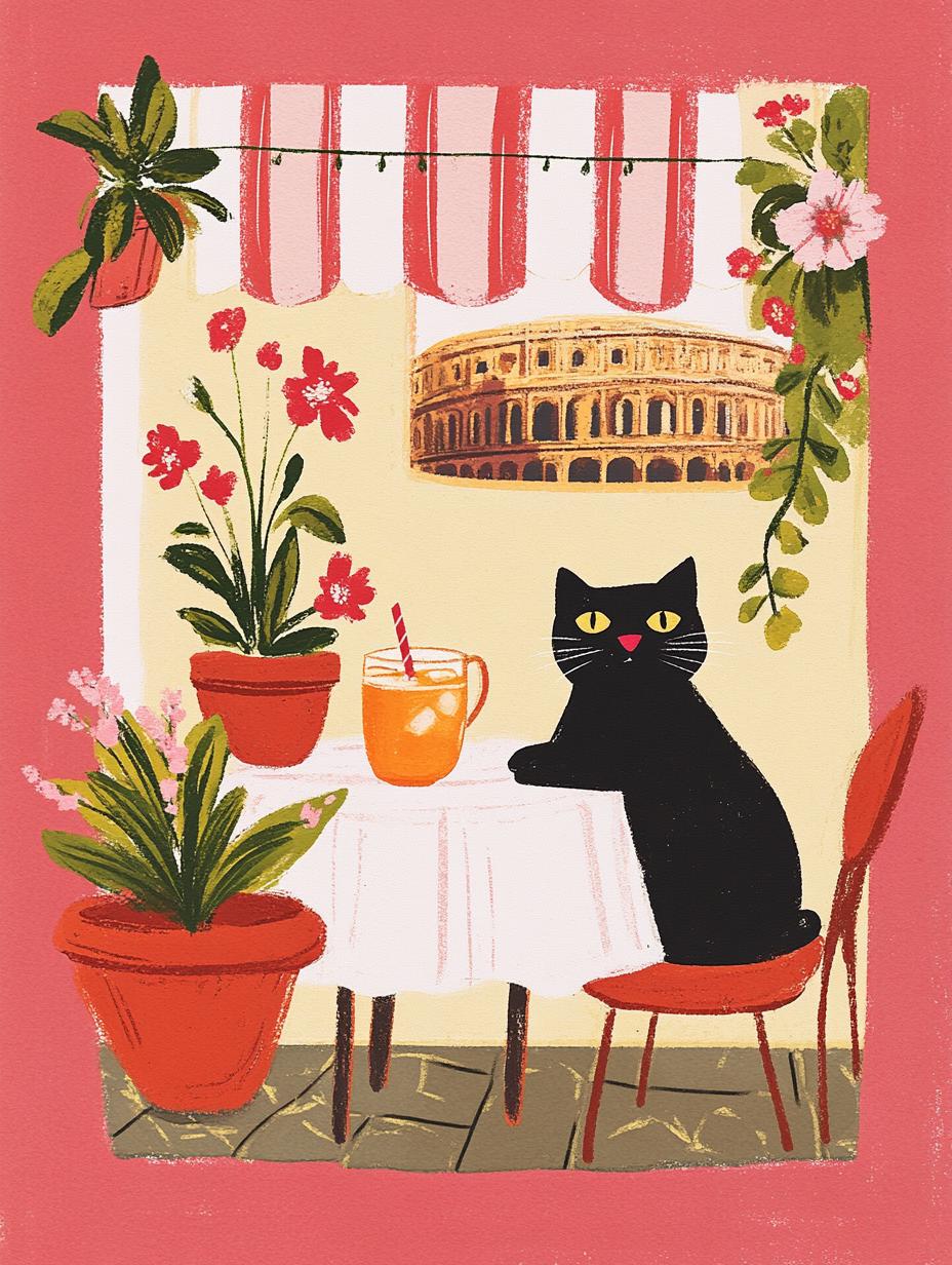 Affiche chat noir à Rome – Collection "Les voyages du chat noir"  – déco murale ville et voyage