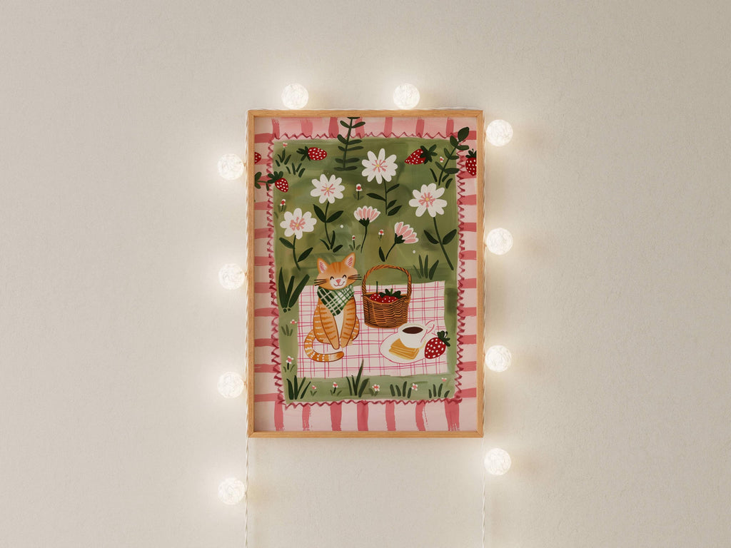 Affiche chat roux – Illustration pique-nique au jardin – déco murale cuisine ou chambre – art mural poétique printanier - Papier premium