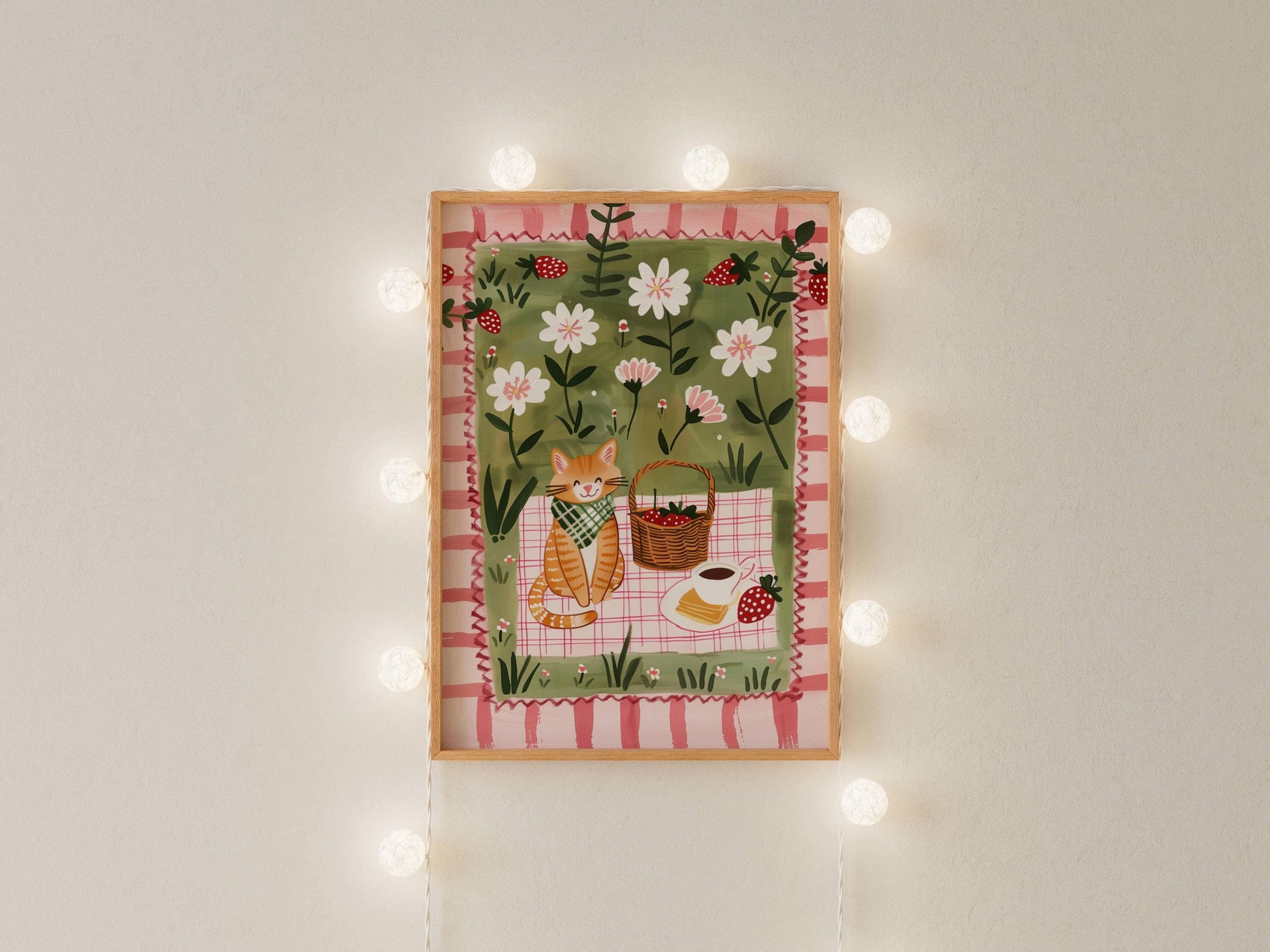 Affiche chat roux – Illustration pique-nique au jardin – déco murale cuisine ou chambre – art mural poétique printanier - Papier premium