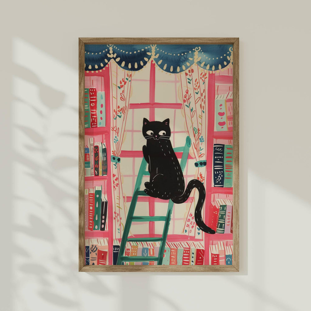 Affiche chat noir dans la bibliothèque – illustration colorée et cosy – déco murale féline et littéraire - idée cadeau fête des mères