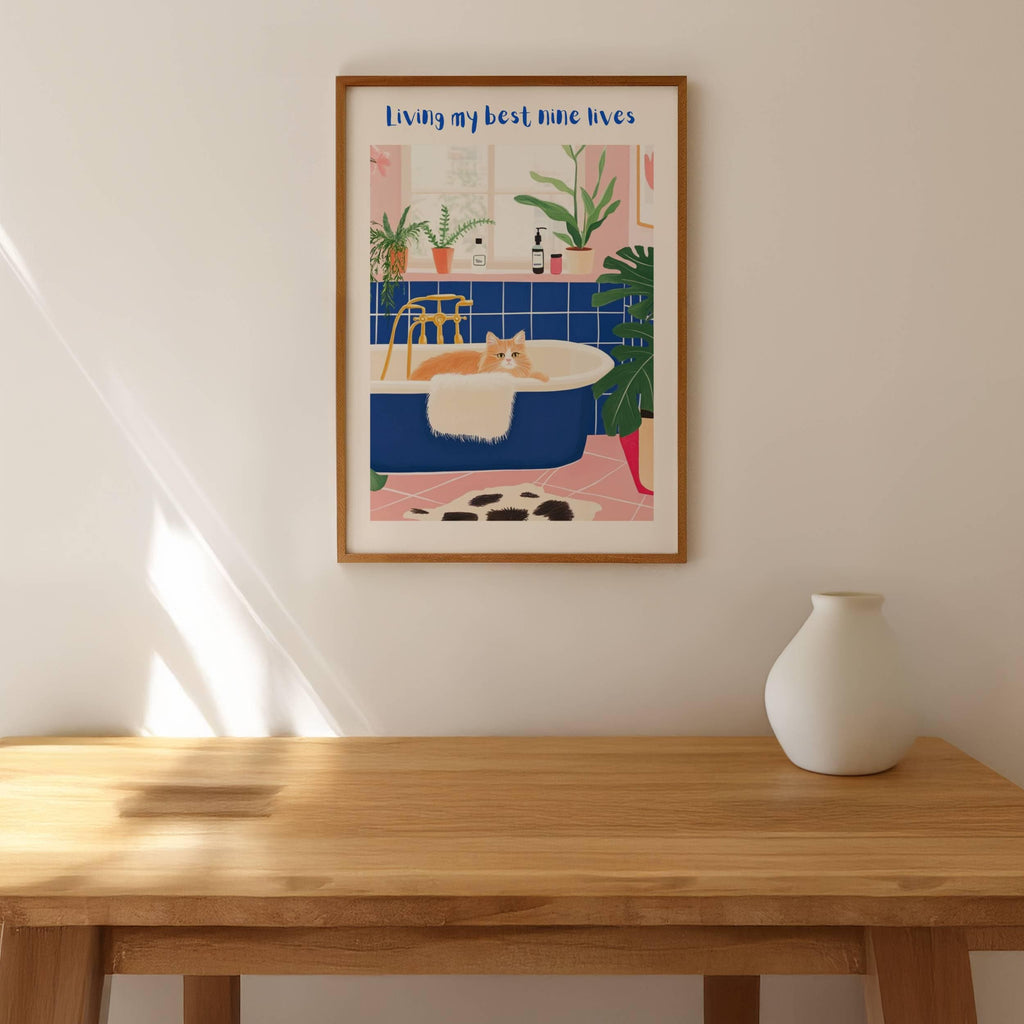 Affiche chat roux dans la salle de bain –Collection "Dimanche matin" -  illustration chat humoristique