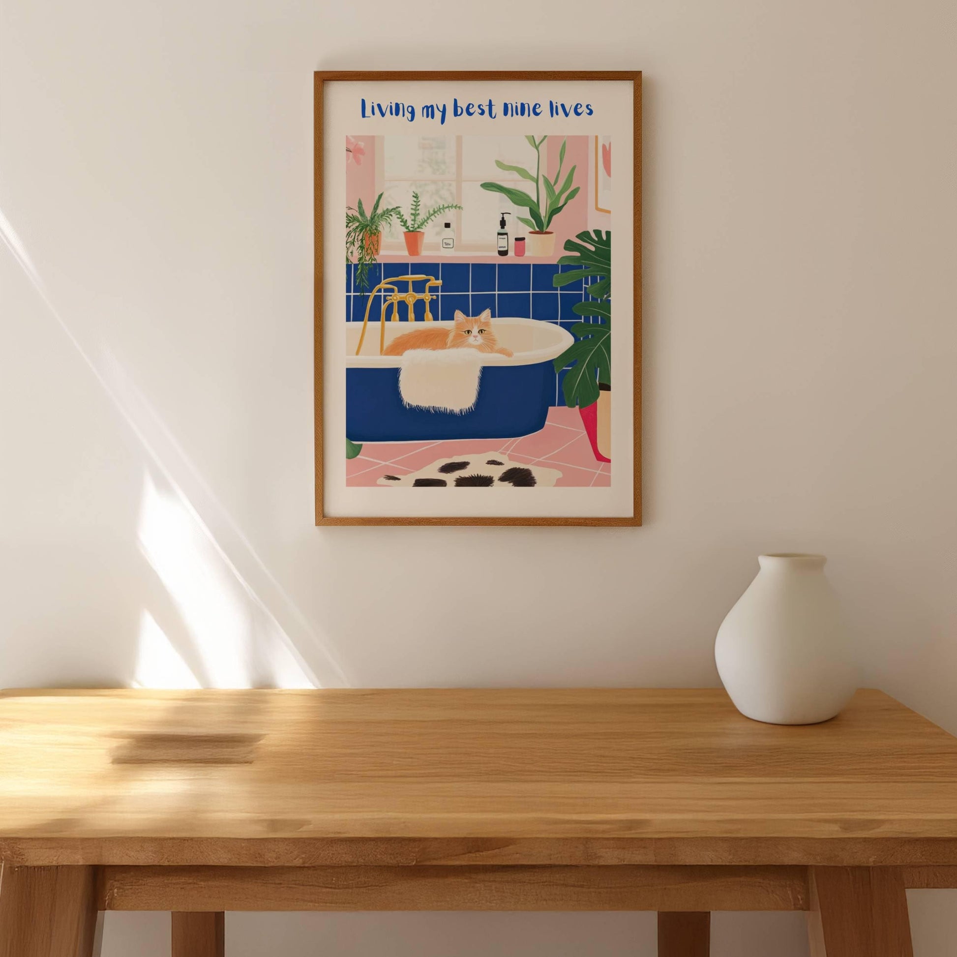 Affiche chat roux dans la salle de bain –Collection "Dimanche matin" -  illustration chat humoristique
