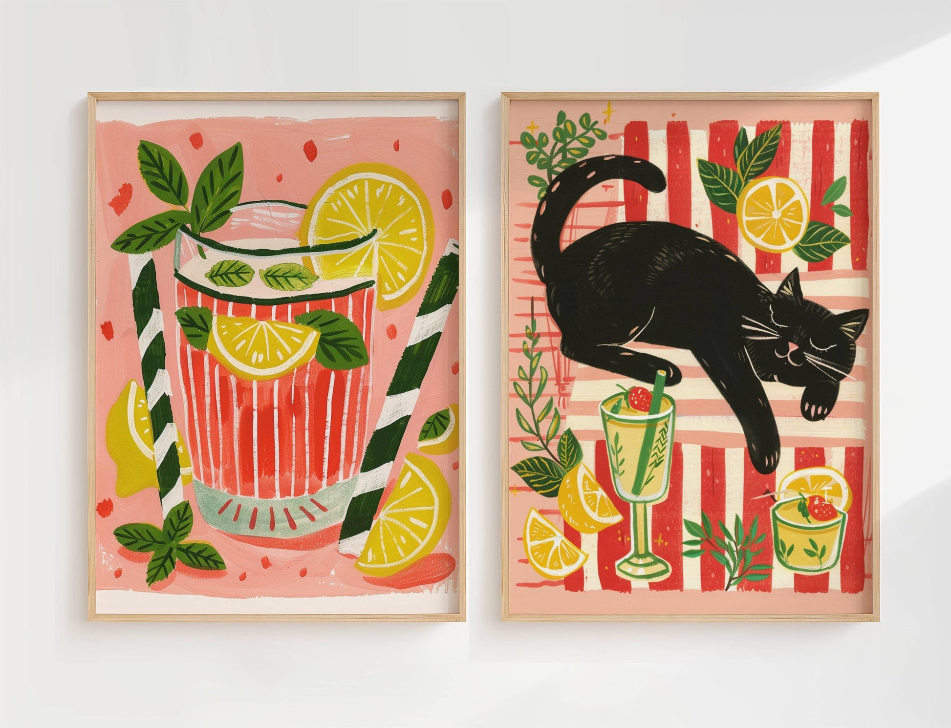 Lot de 2 affiches avec chat noir – "Le cocktail d'été du chat noir" - amoureux des chats
