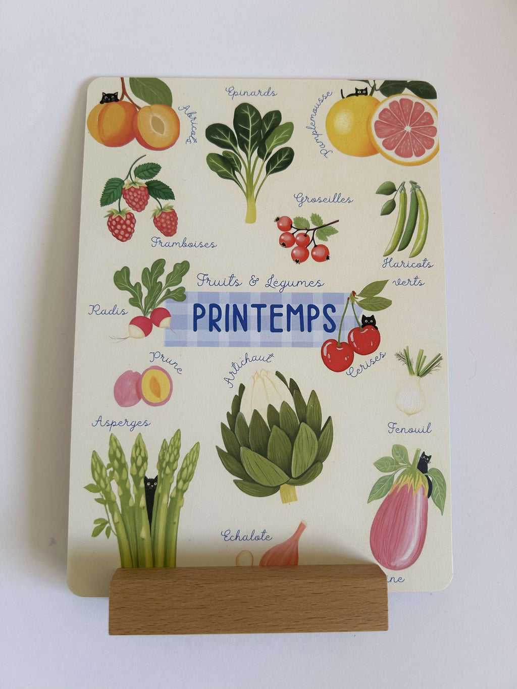 Lot de 4 Affiches Herbier avec Chat Noir avec support en bois – Fruits et Légumes de Saison | Déco Murale