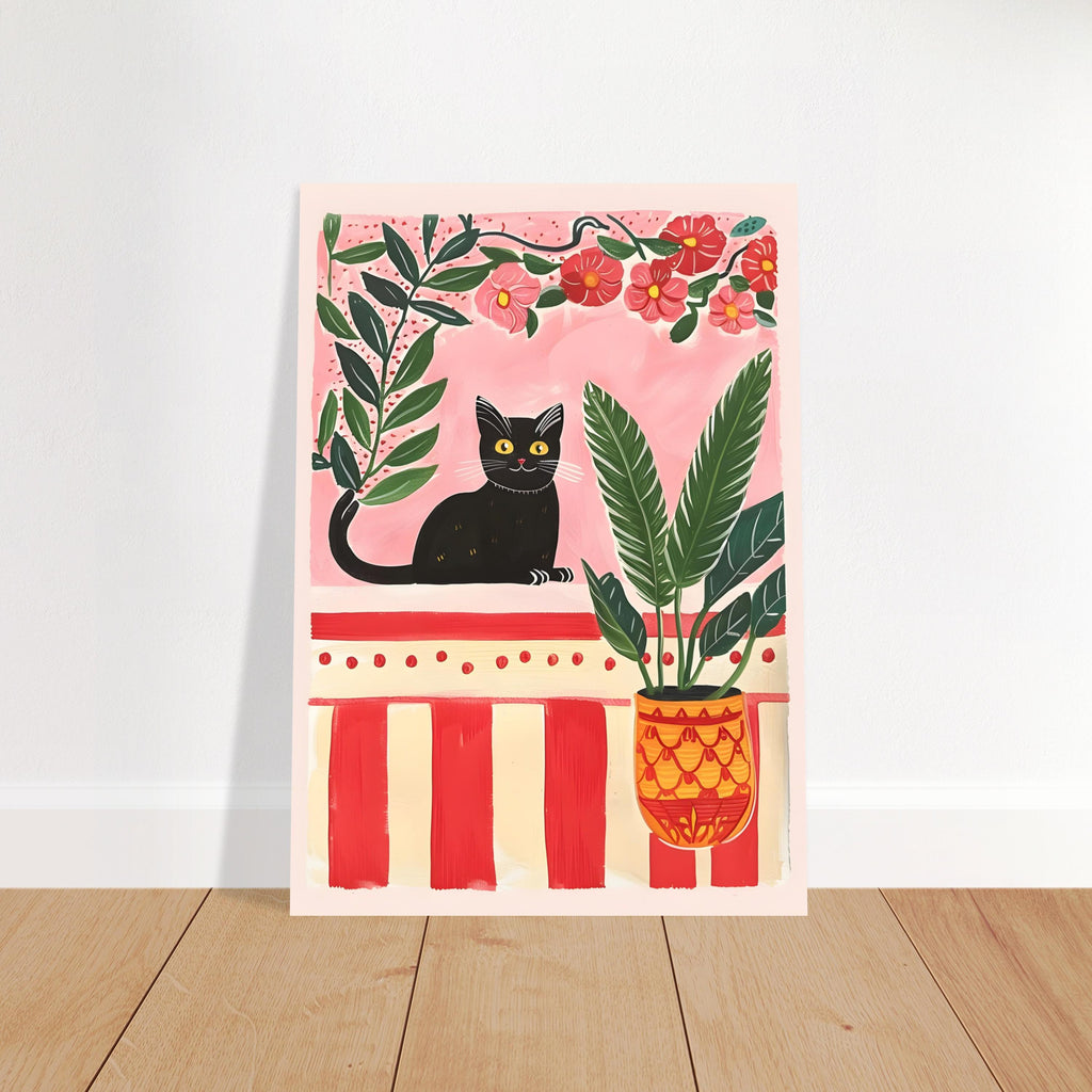 Affiche chat noir mystérieux – illustration chat noir dans un jardin secret – art mural vintage poétique – déco murale chambre ou salon