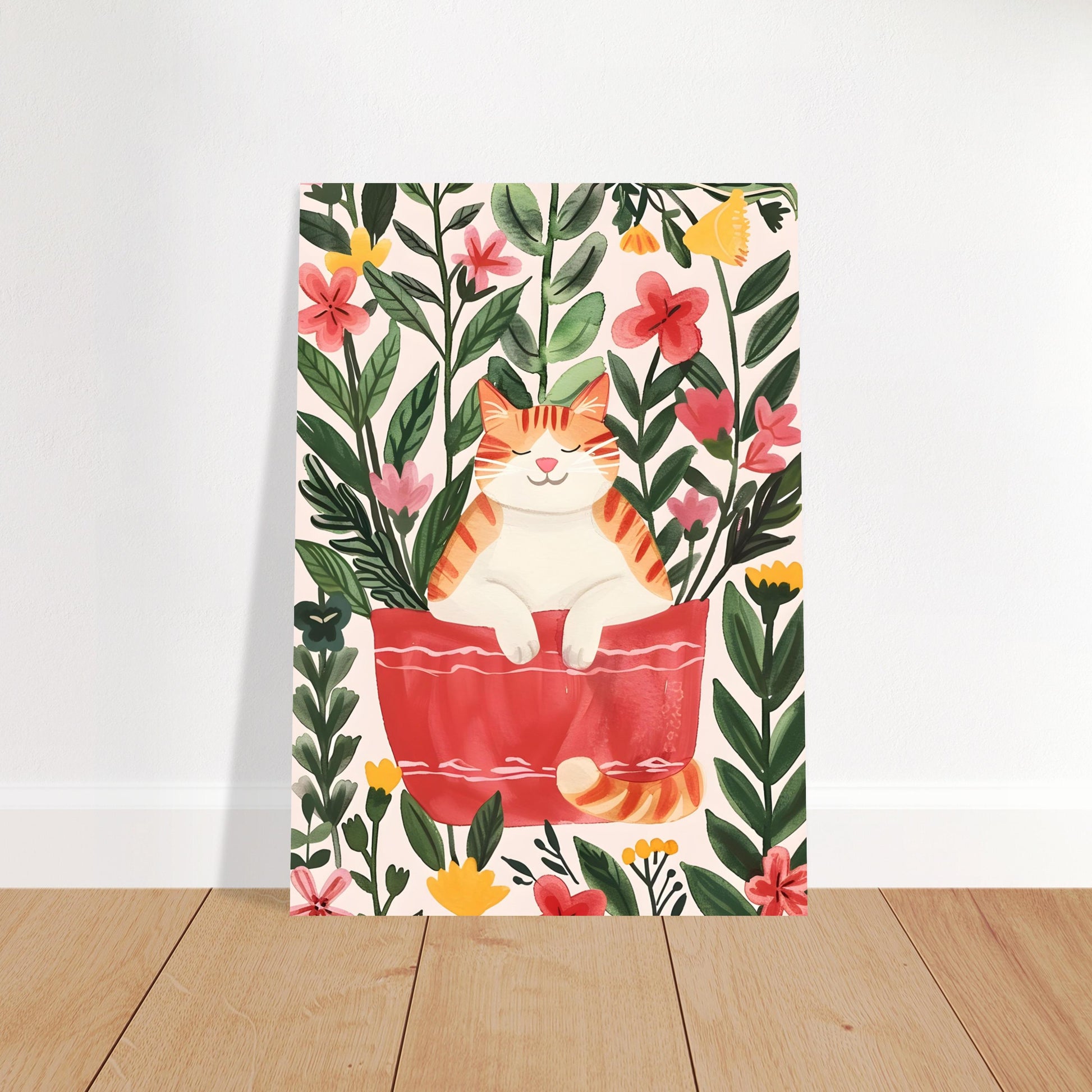 Affiche chat roux  – "Le jardin rêveur du chat roux" – Illustration poétique printanière