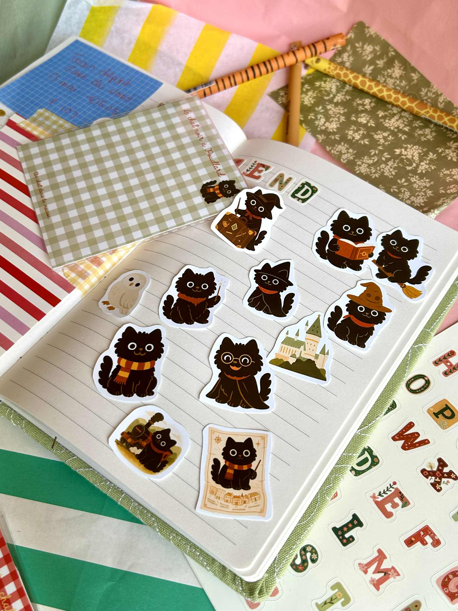 Journaling Stickers "A Black Cat at Hogwarts" – Black Cat Harry Potter Stickers – Set of 12 Vinyl Stickers