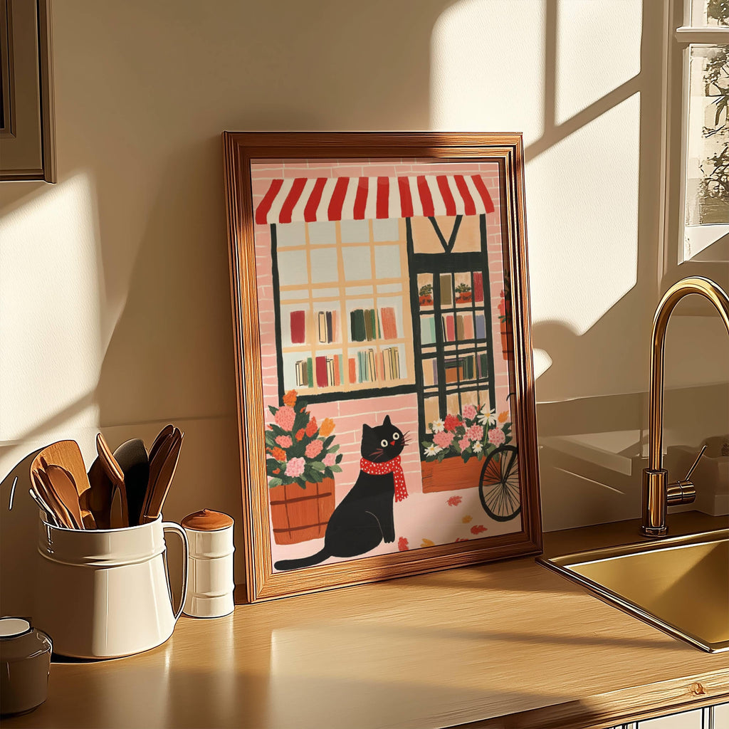Illustration chat noir – Affiche chat noir devant une librairie à Brooklyn – art mural vintage poétique – déco murale chambre ou salon