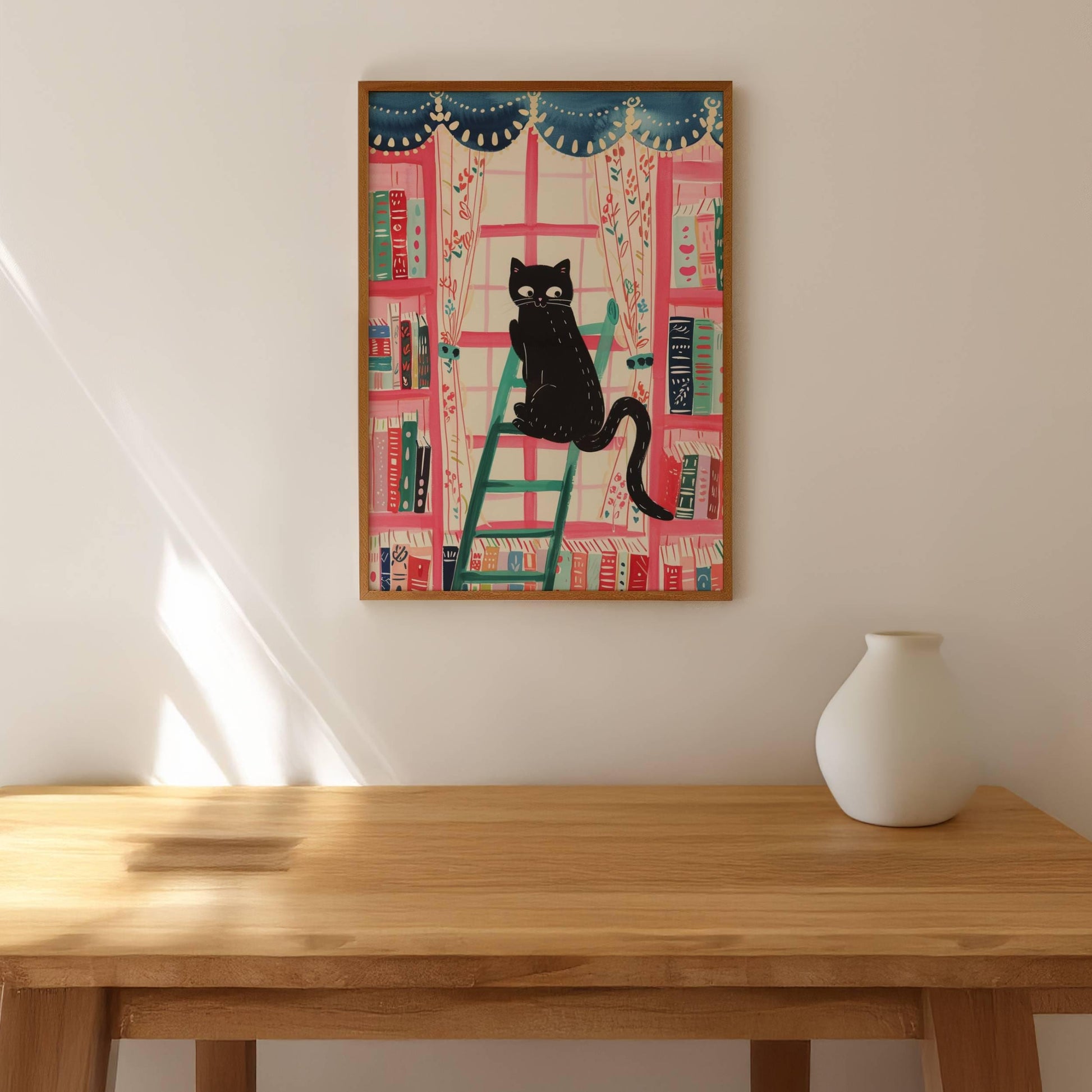 Affiche chat noir dans la bibliothèque – illustration colorée et cosy – déco murale féline et littéraire - idée cadeau fête des mères