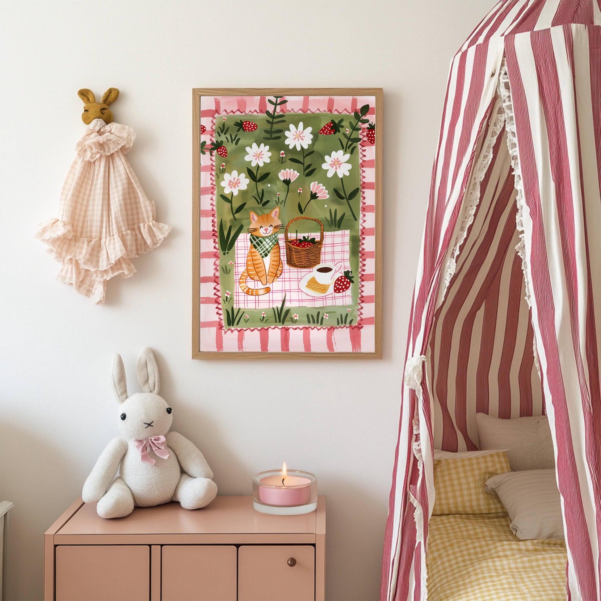 Affiche chat roux – Illustration pique-nique au jardin – déco murale cuisine ou chambre – art mural poétique printanier - Papier premium