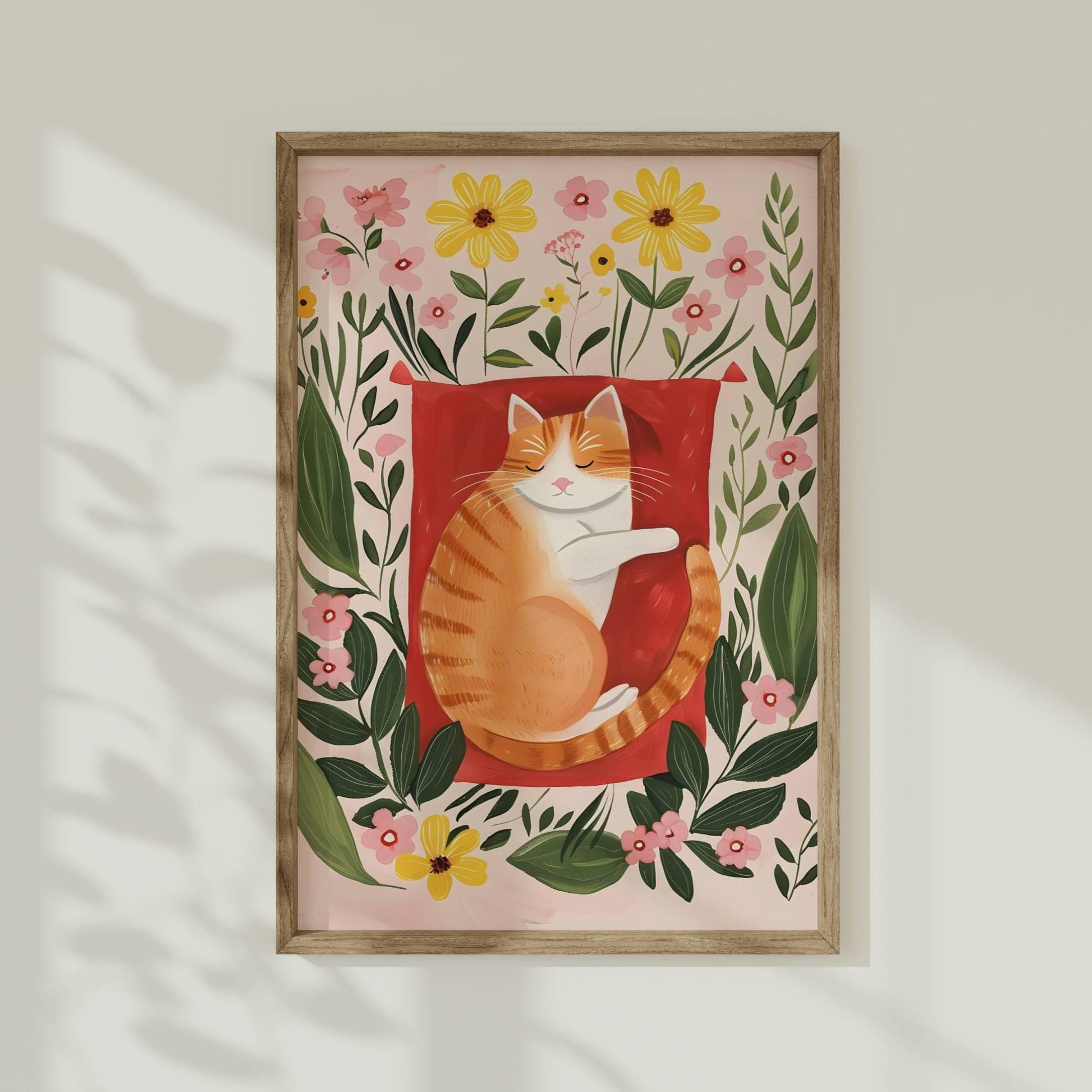 Lot 2 affiches chat roux et fleurs – duo d’illustrations poétiques vintage – art mural floral cosy – déco murale chambre ou salon