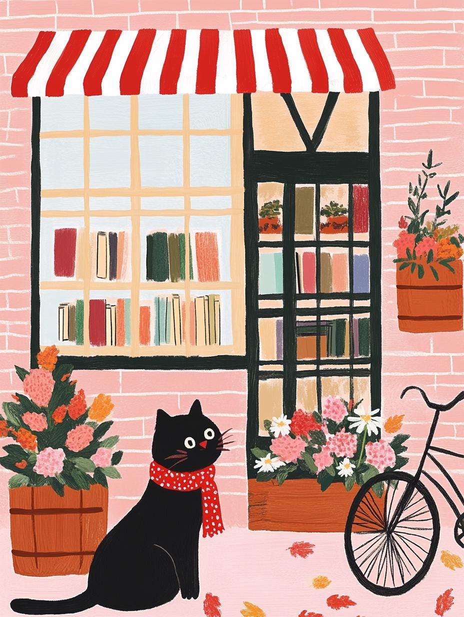 Illustration chat noir – Affiche chat noir devant une librairie à Brooklyn – art mural vintage poétique – déco murale chambre ou salon