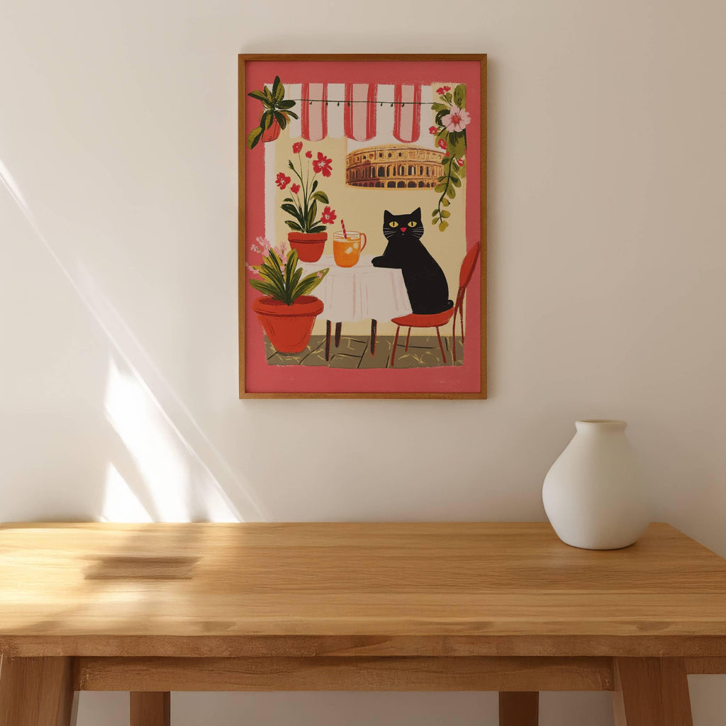 Affiche chat noir à Rome – Collection "Les voyages du chat noir"  – déco murale ville et voyage