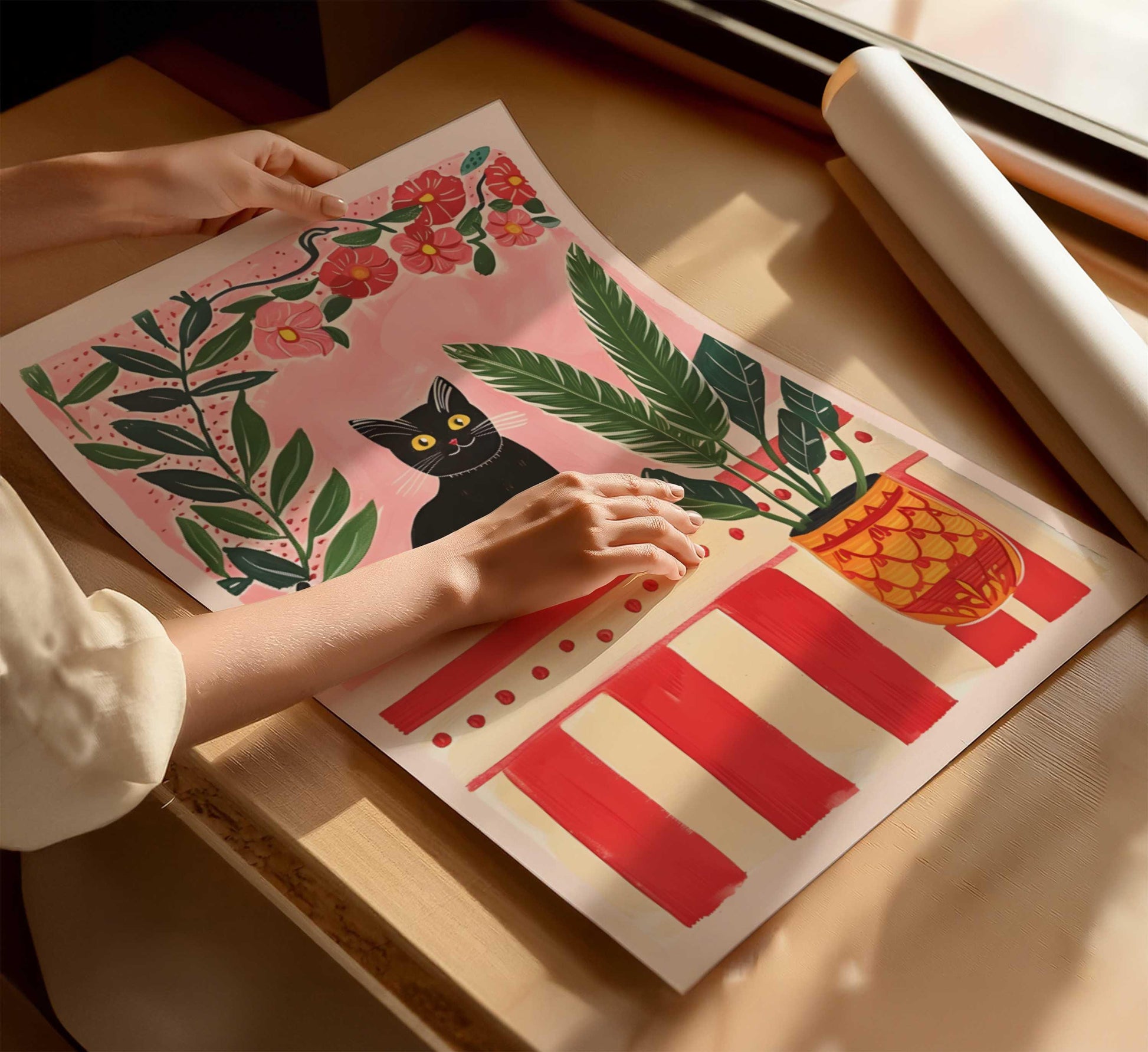 Affiche chat noir mystérieux – illustration chat noir dans un jardin secret – art mural vintage poétique – déco murale chambre ou salon