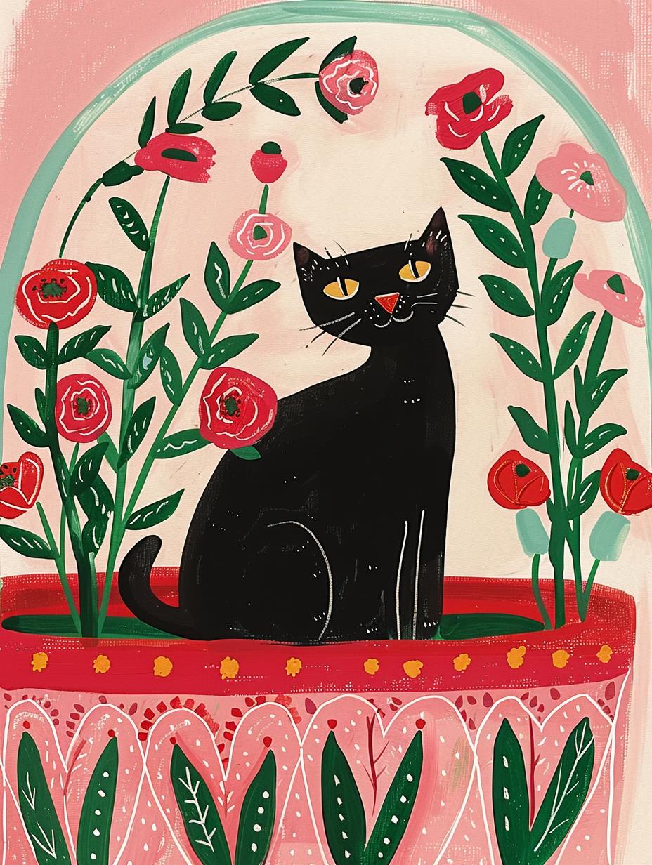 Illustration chat noir et coquelicots – illustration poétique florale – déco murale chambre ou salon - idée cadeau amoureux des chats