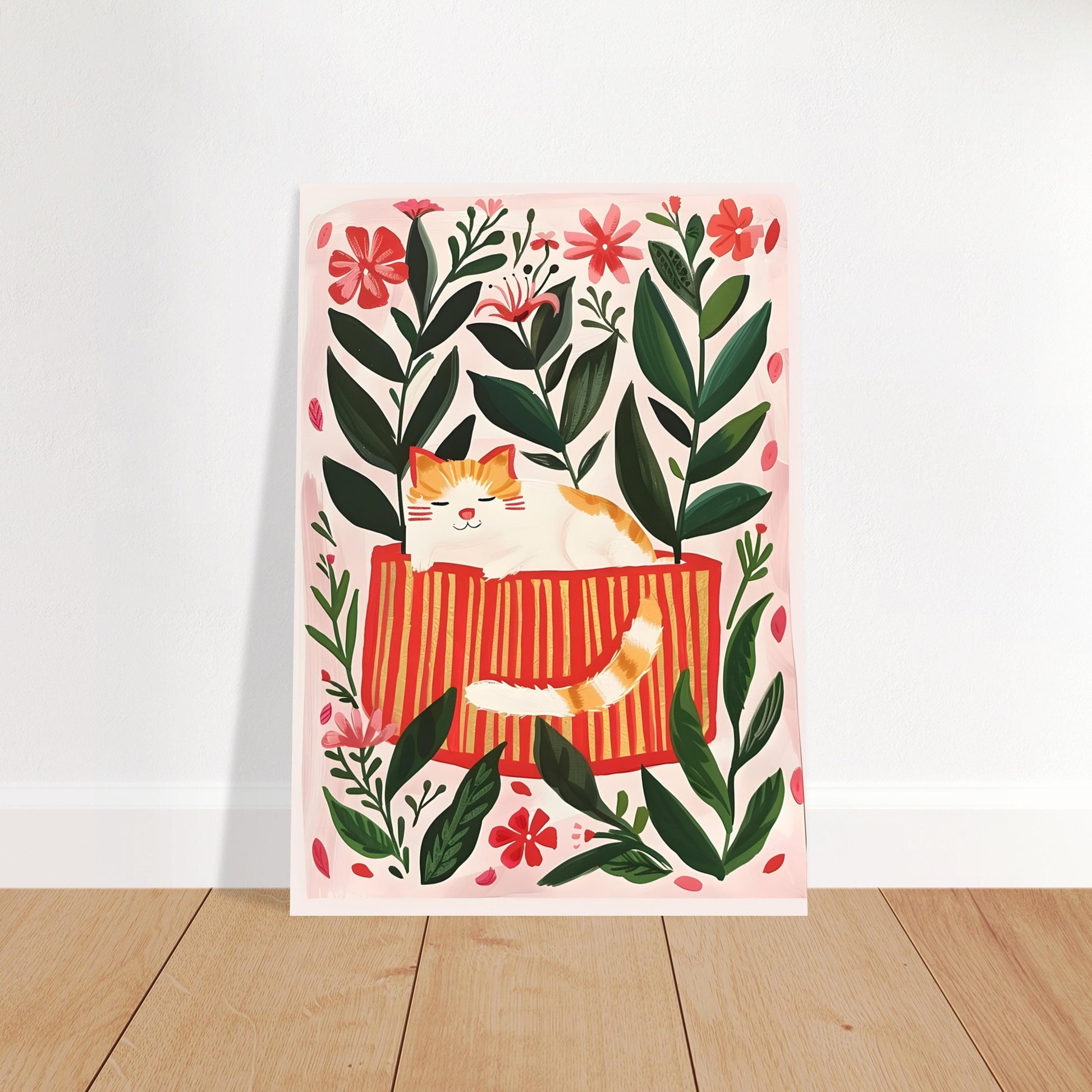 Affiche chat roux parmi les fleurs – illustration le chat roux dans le jardin – art mural  poétique – déco murale chambre ou salon