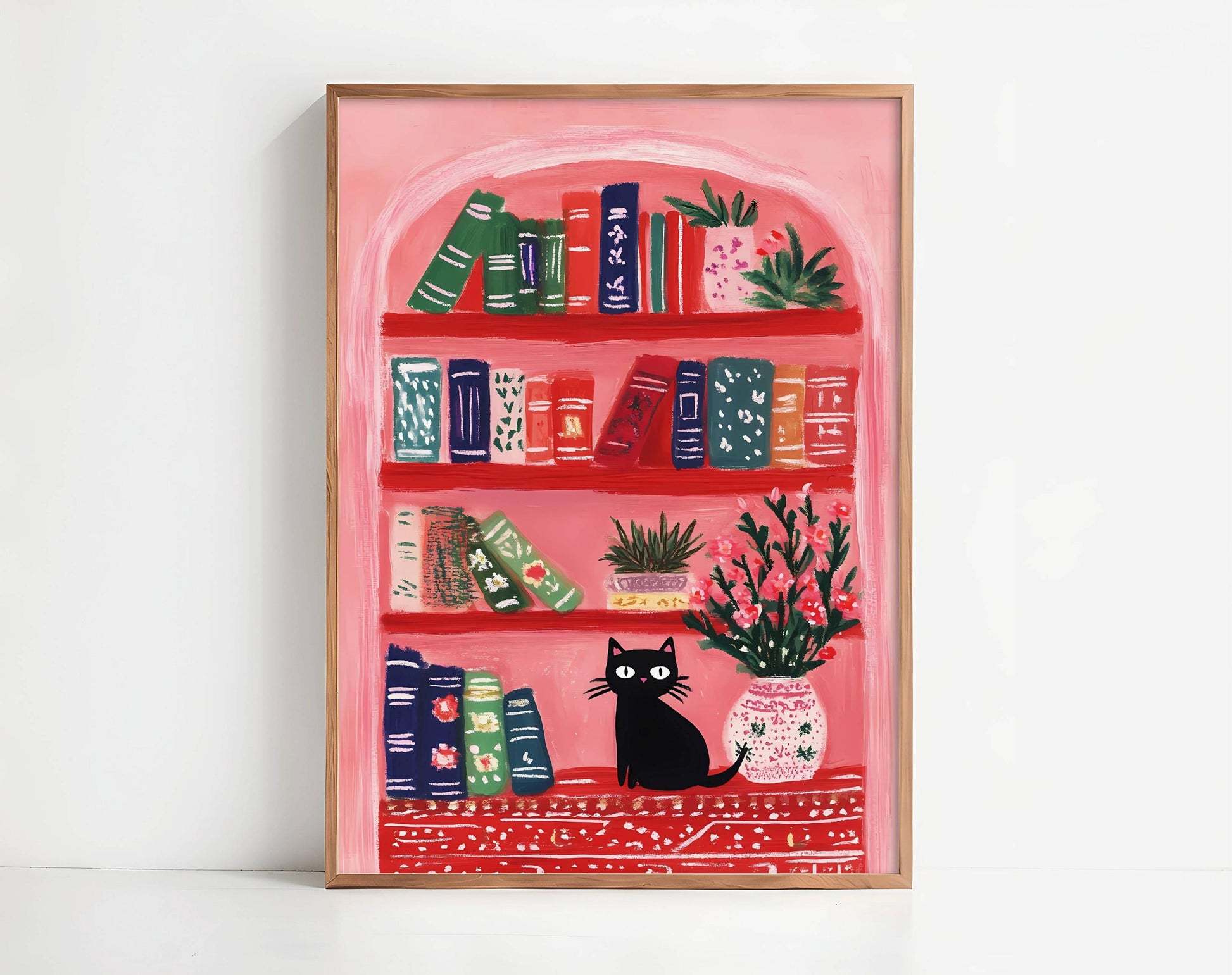 Chat noir dans une bibliothèque fleurie – illustration cosy et poétique  |  illustration numériques chat et livres - Affiche déco murale